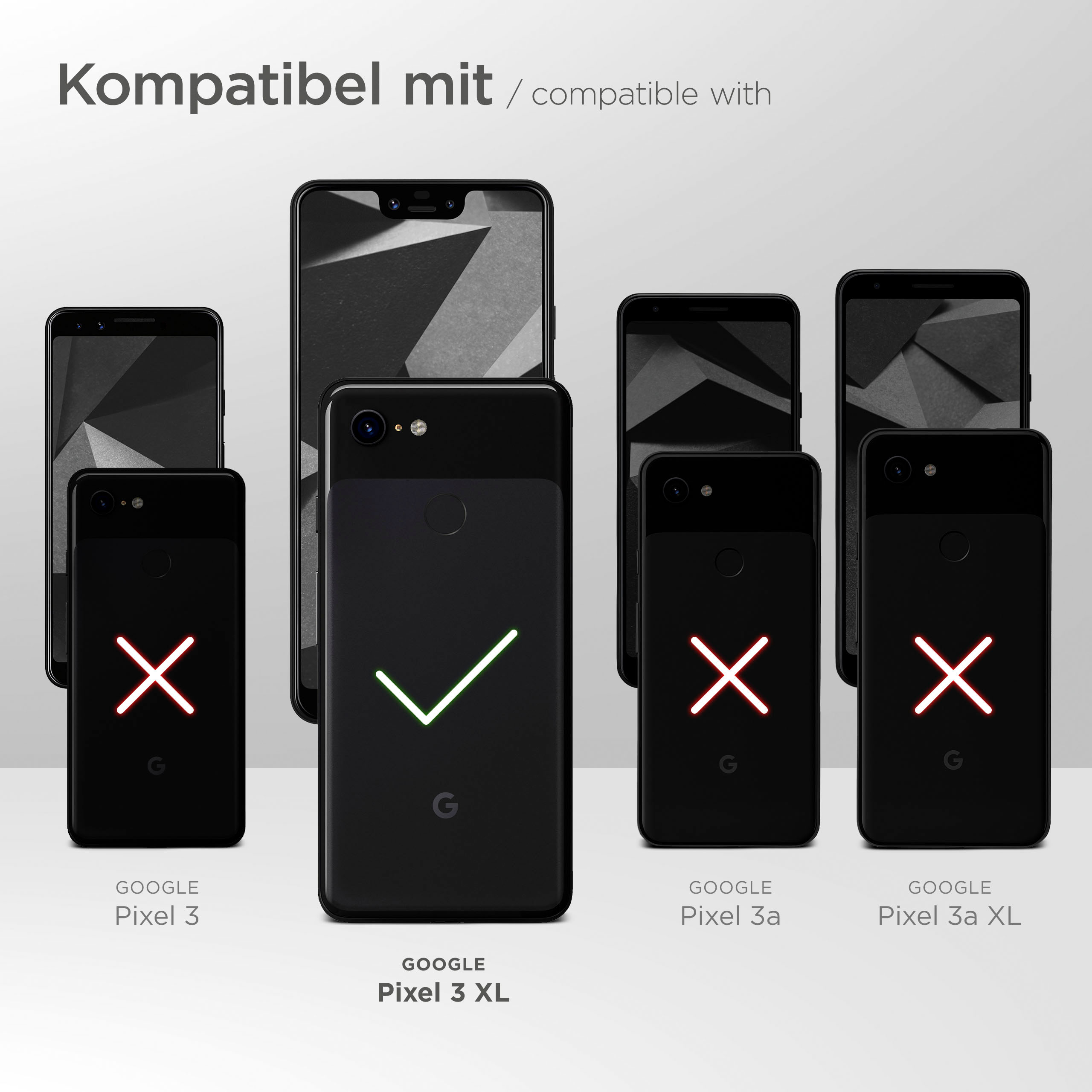 Kompatible Telefone. Google Pixel 3 XL mit Häkchen. Pixel 3 mit X, Pixel 3a & 3a XL mit rotem X.