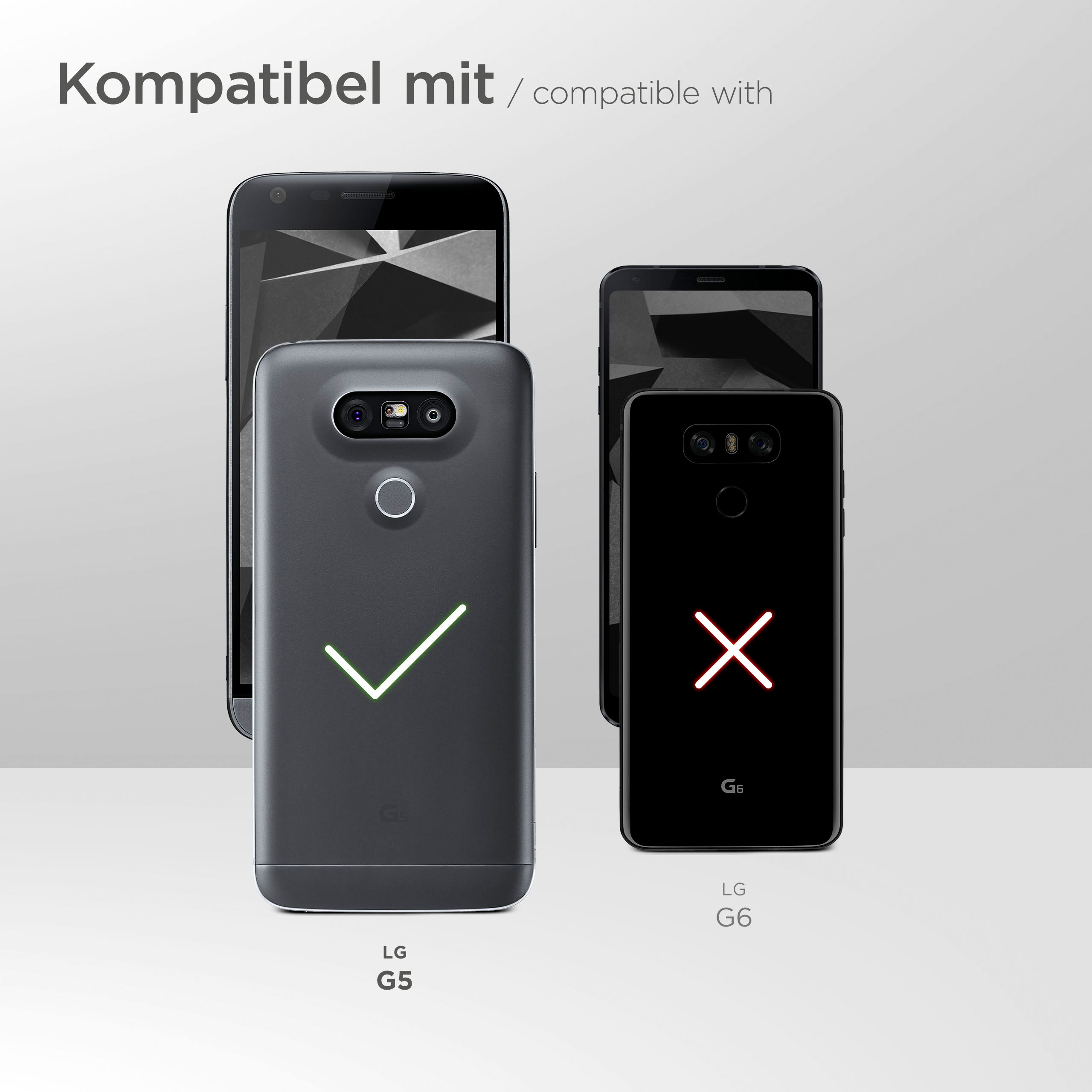 Grafik zur Kompatibilität von Handyhüllen. Eine Hülle passt zu einem Telefon mit Häkchen und nicht mit X.