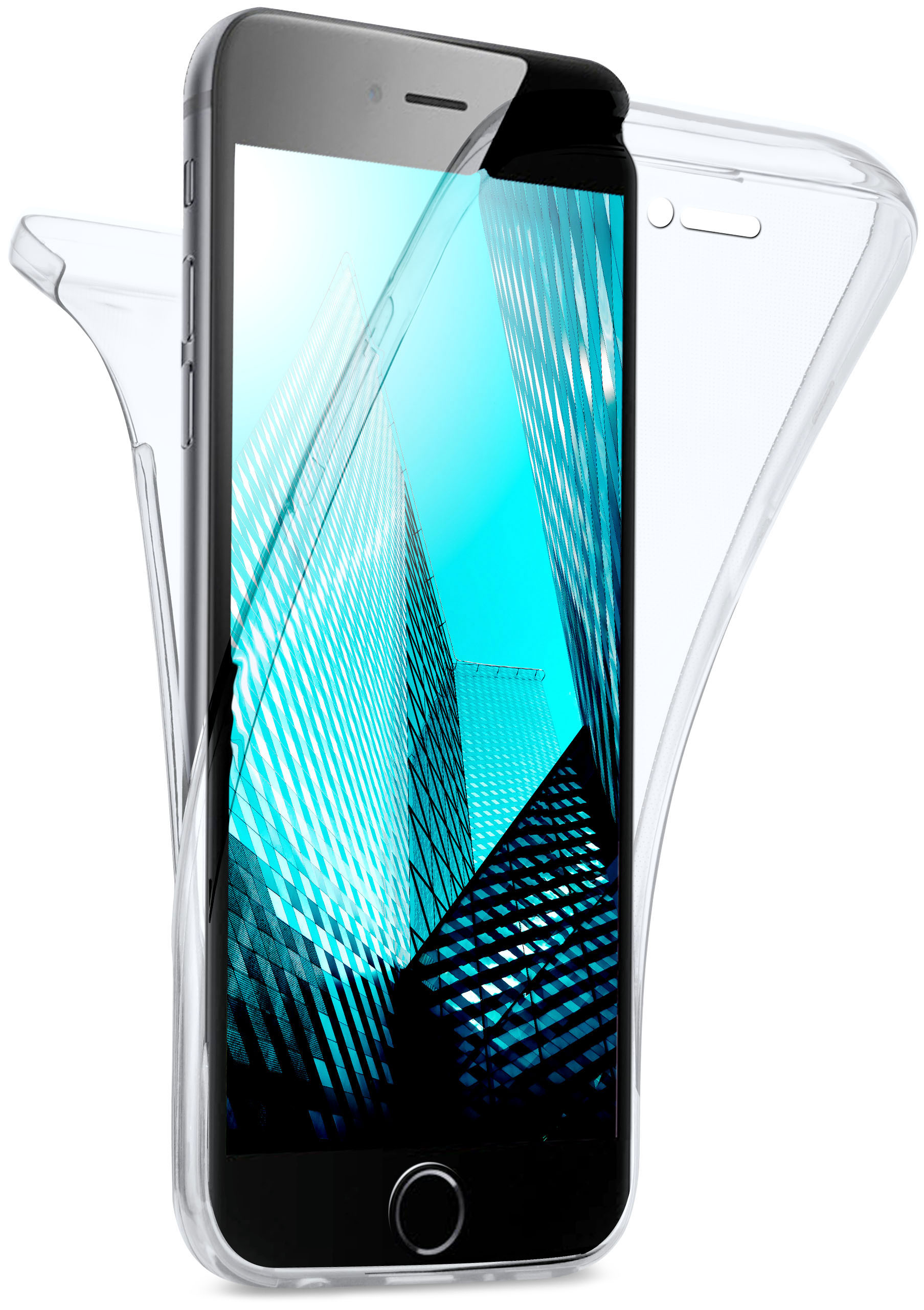Ein schwarzes Telefon mit einer durchsichtigen Hülle. Die Hülle umgibt das Telefon.