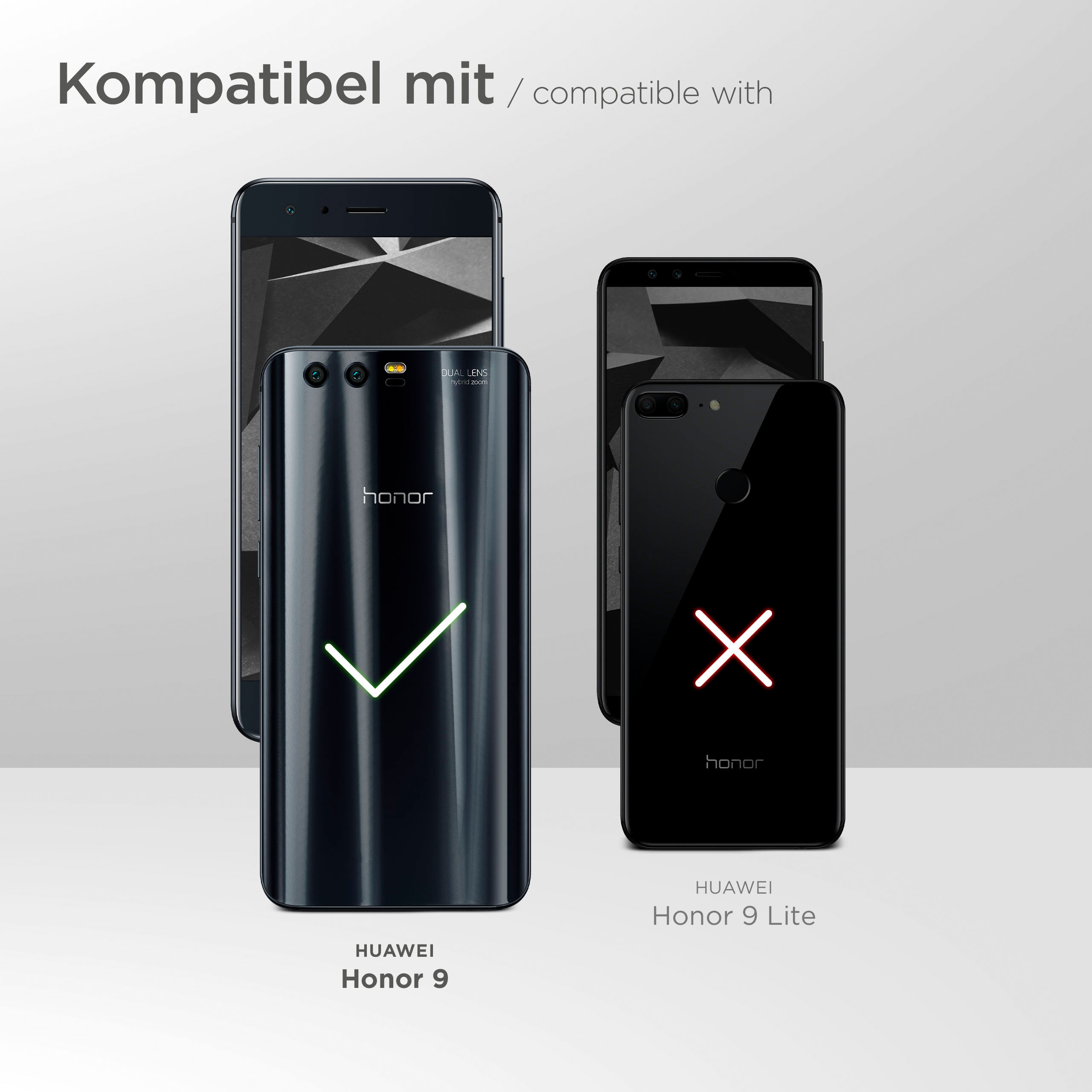 Telefone: Honor 9 mit grünem Häkchen und Honor 9 Lite mit rotem X. Text lautet kompatibel mit.