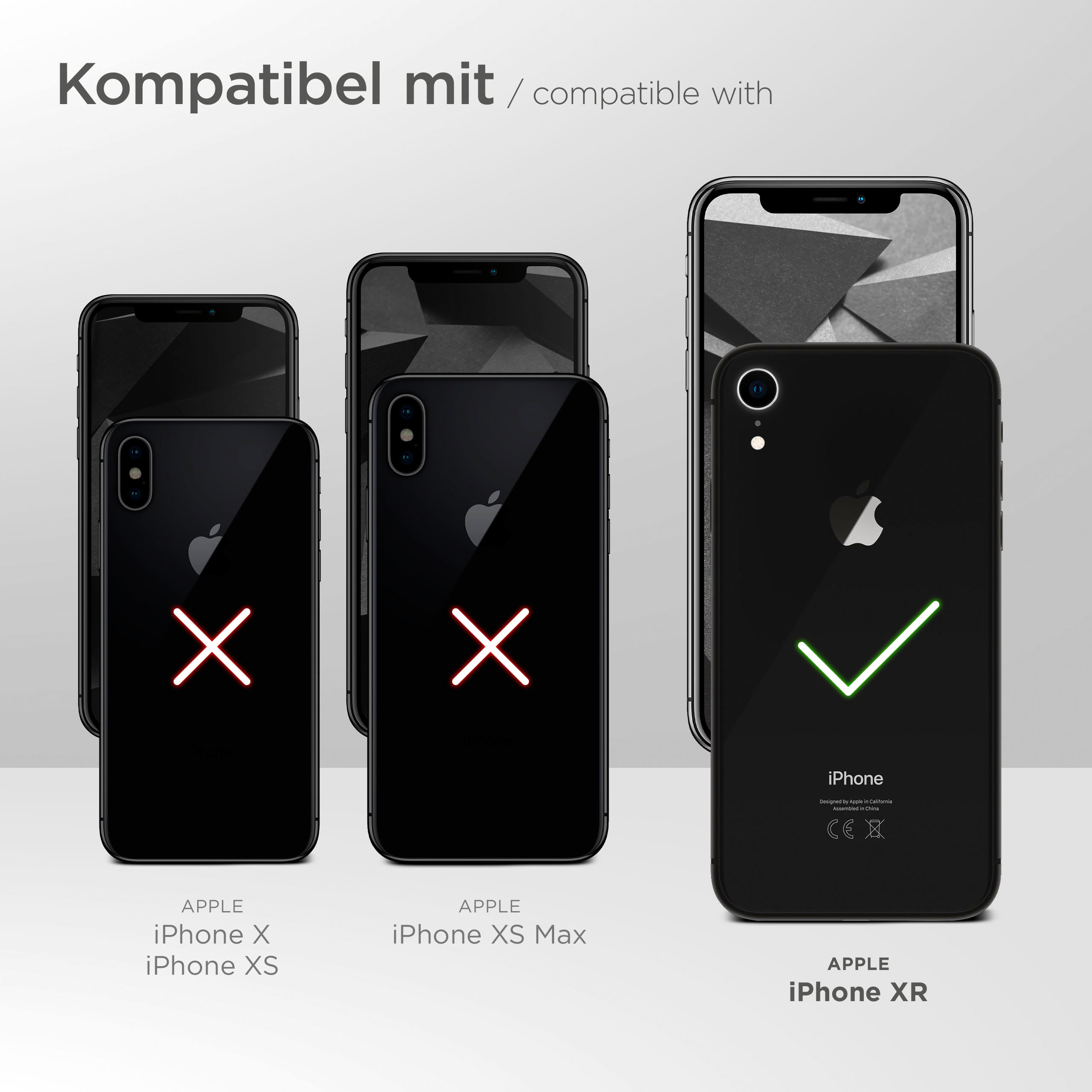 Das Bild zeigt iPhones mit Kompatibilitätsmarkierungen. iPhone XR hat ein Häkchen. X/XS und XS Max haben ein X.