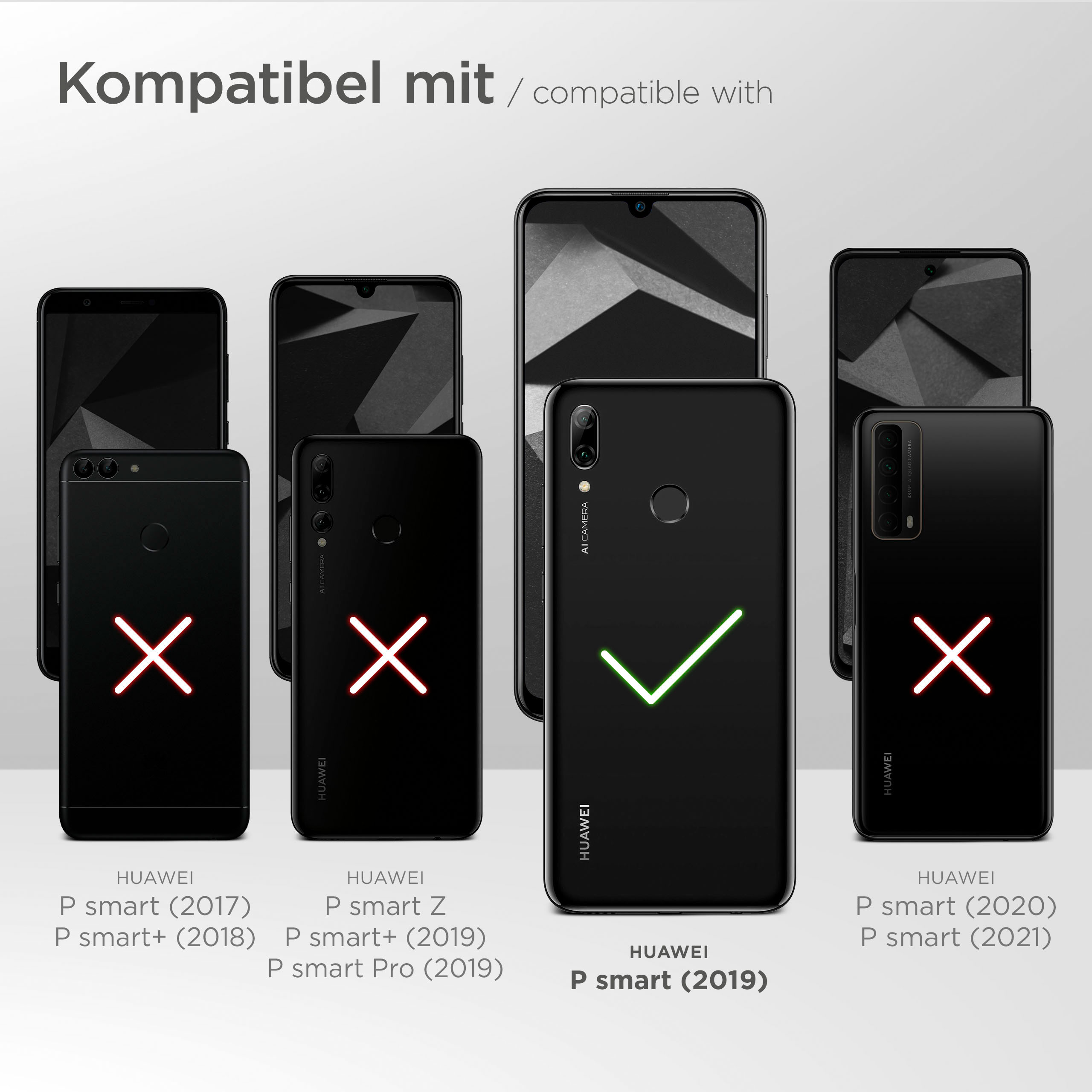 Mehrere Telefone mit Häkchen und X-Markierungen. Nur ein Telefon ist kompatibel.