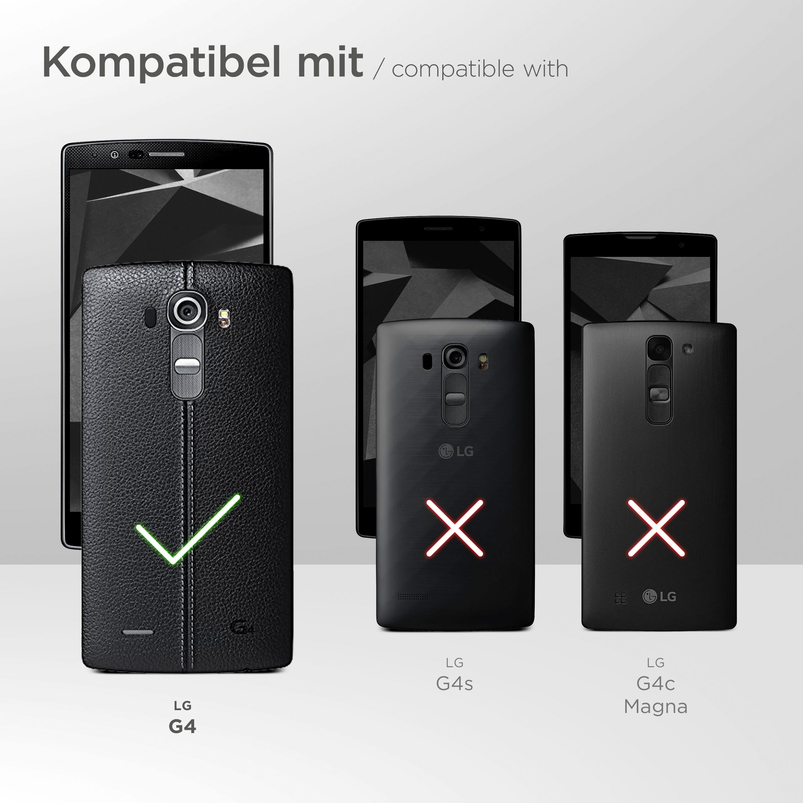 Bild zeigt kompatible Telefone mit Handyhülle. LG G4 hat grünes Häkchen, andere rote X.