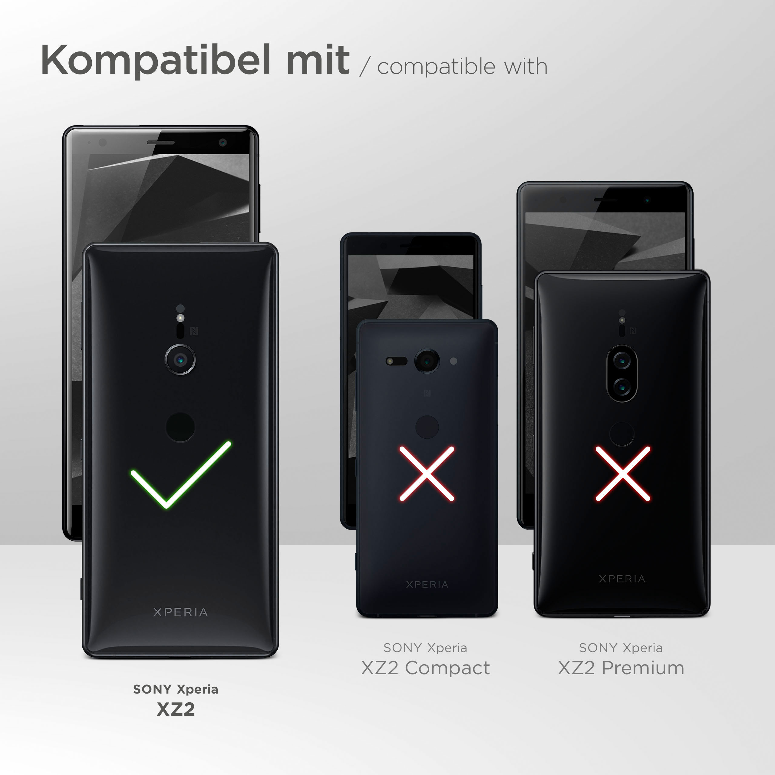 Das Bild zeigt verschiedene Telefonmodelle mit Häkchen und X-Markierungen. Text sagt kompatibel mit Sony Xperia-Telefonen.