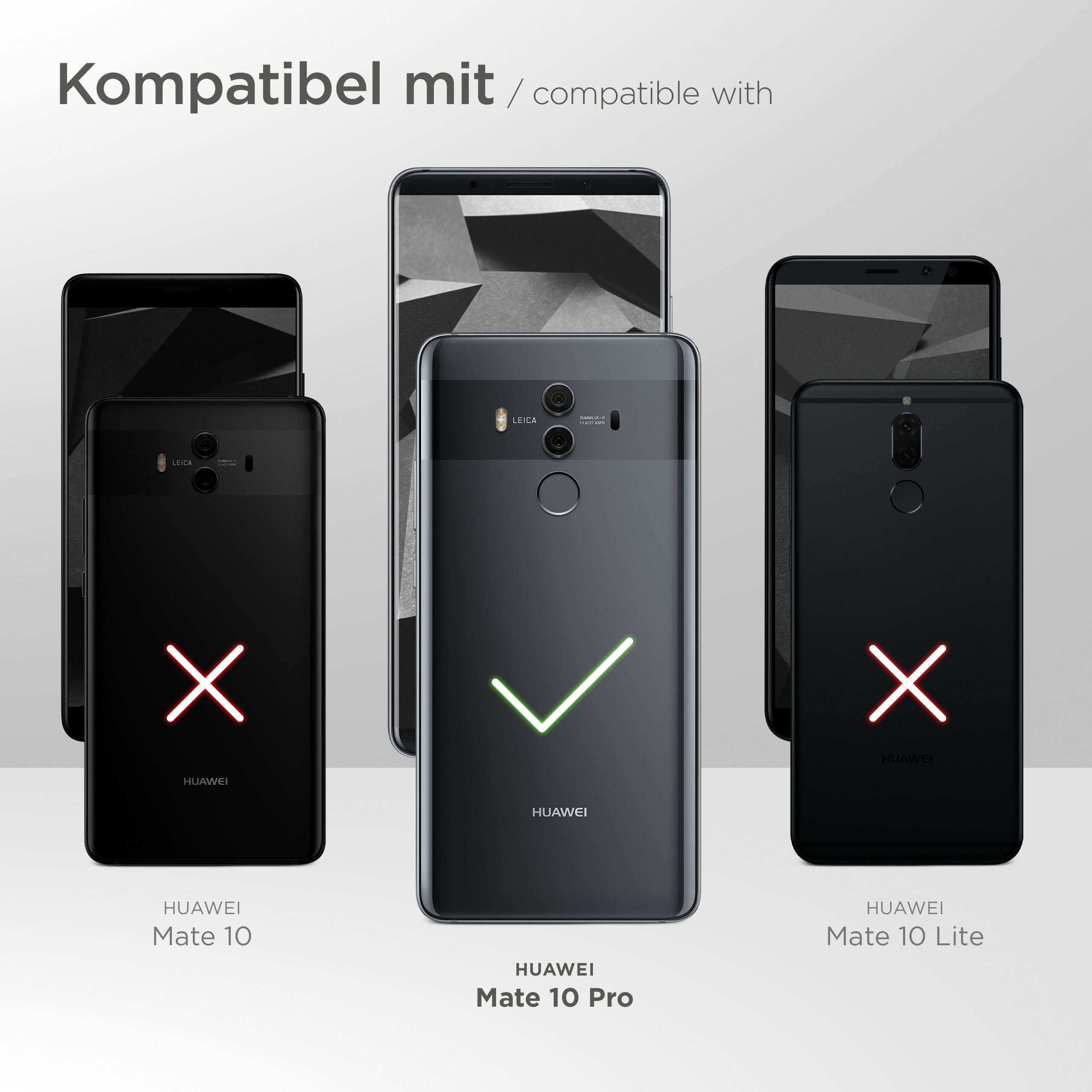 Das Bild zeigt Telefone mit Kompatibilitätsmarkierungen. Ein Telefon hat ein Häkchen, andere ein X.