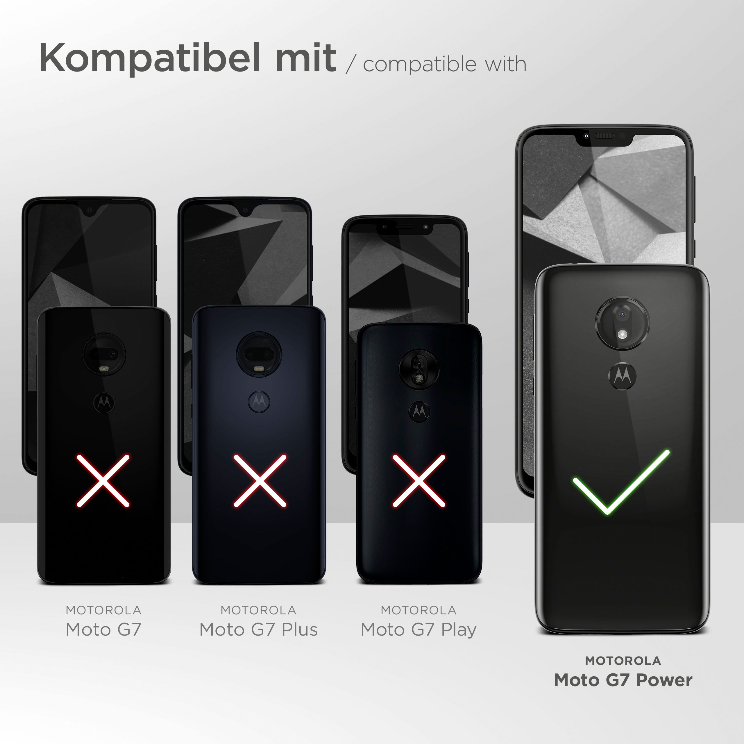 Das Bild zeigt Telefone, einige mit roten Kreuzen und einige mit grünen Häkchen, was die Kompatibilität anzeigt. Text lautet 'kompatibel mit'.