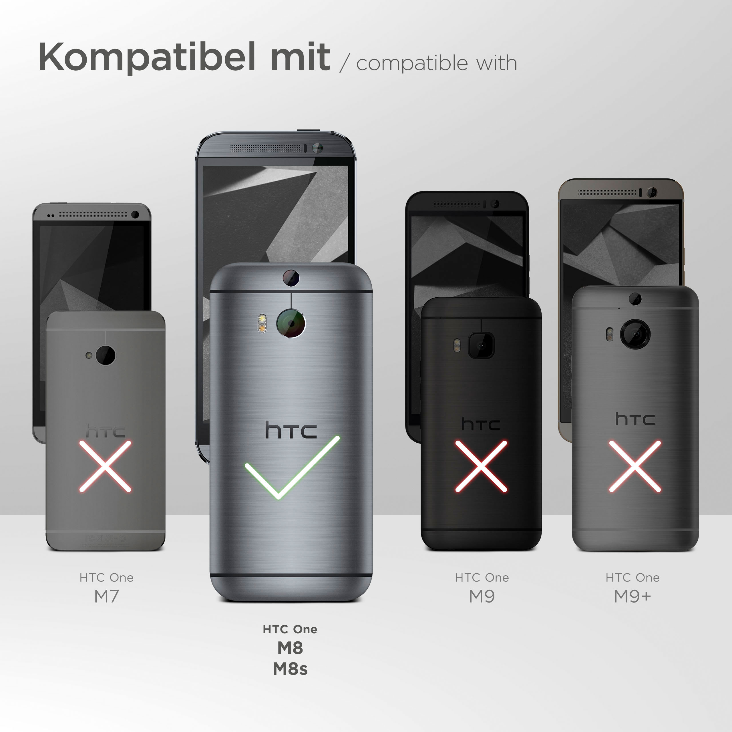 Telefon-Kompatibilitätsgrafik. HTC One M8/M8s ist kompatibel, andere mit roten X markiert.
