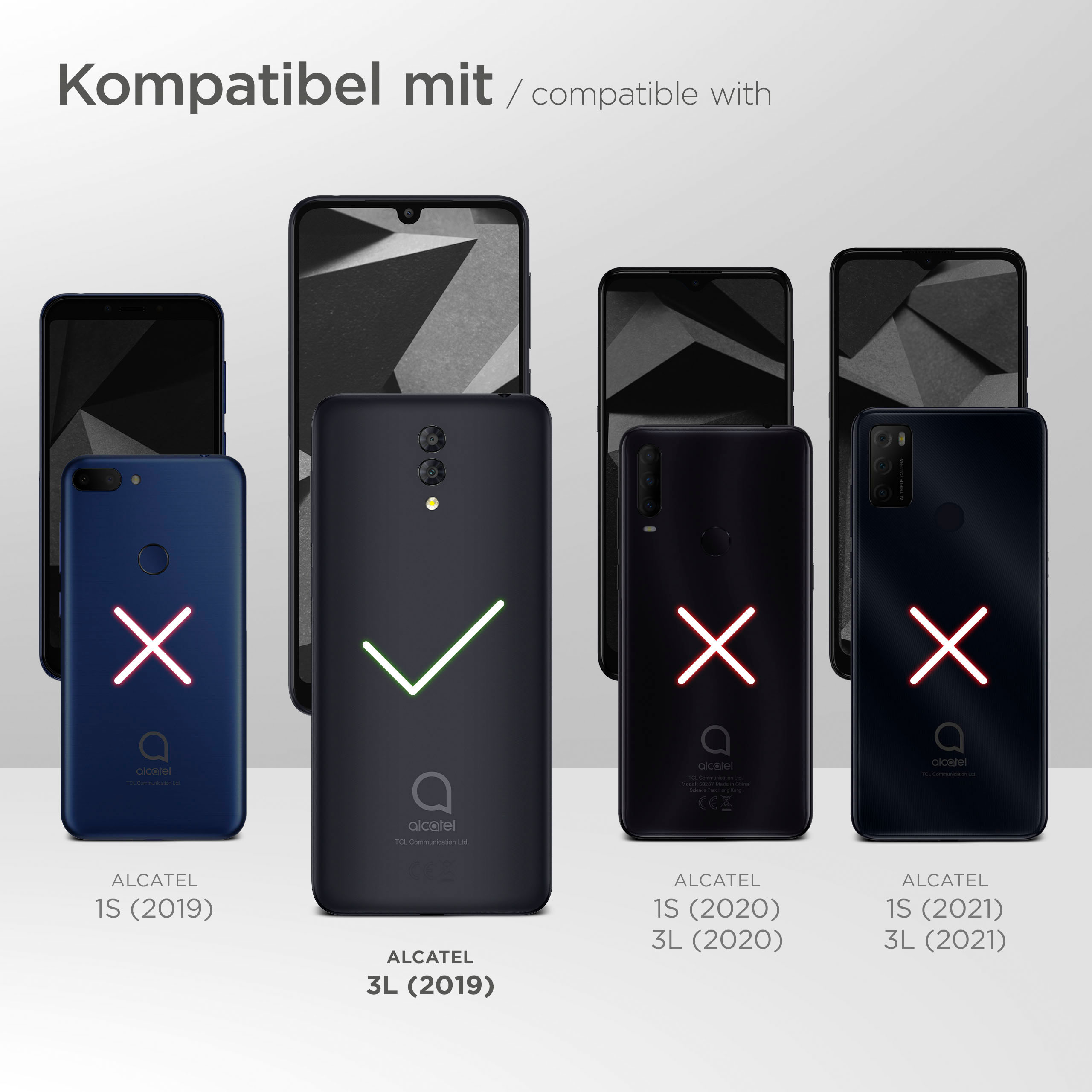 Telefon-Kompatibilitätstabelle. Alcatel-Telefone mit Häkchen und Kreuzen. Verschiedene Modelle gezeigt.