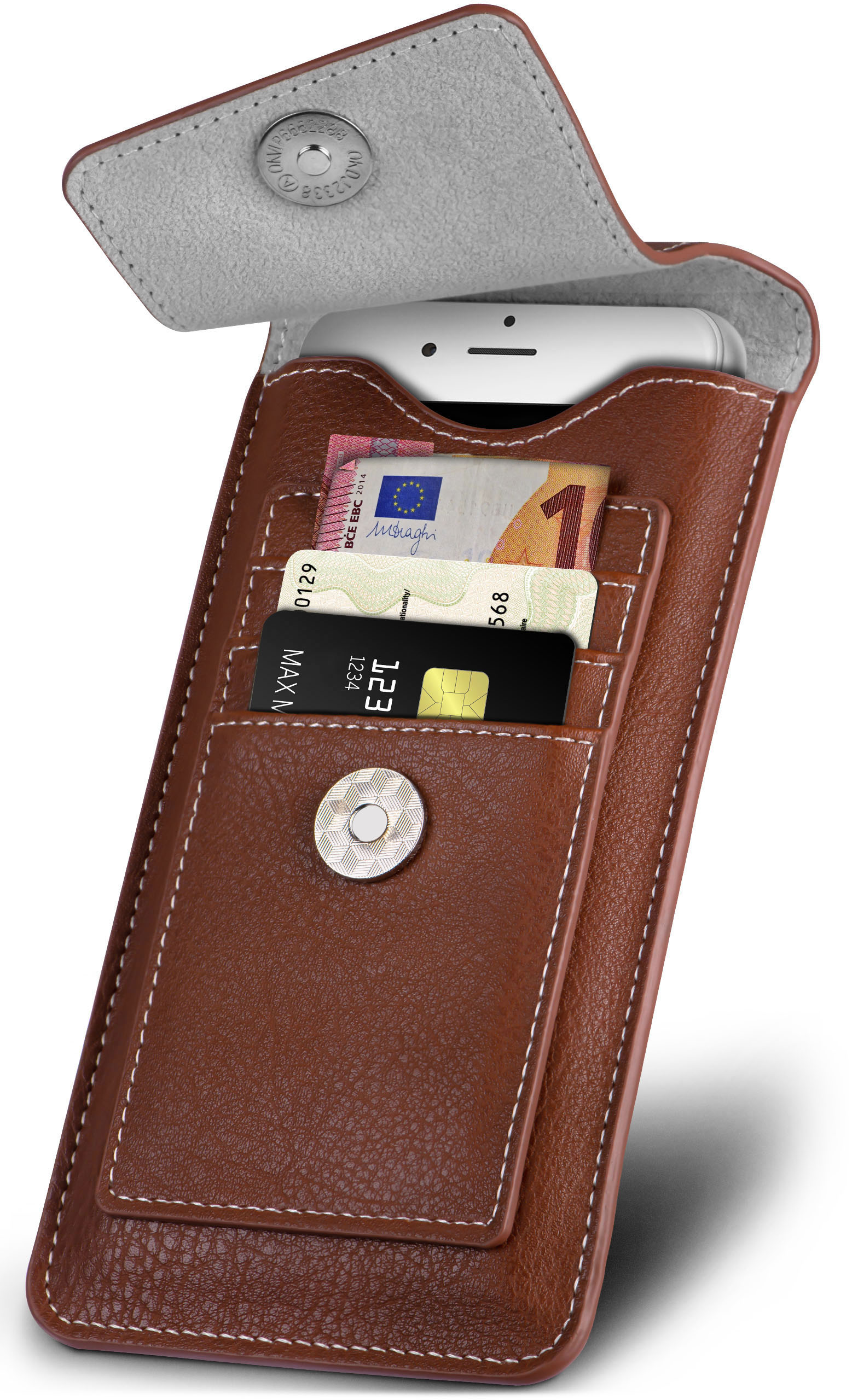 Braune Leder-Handyhülle mit offenem Deckel, hält Telefon, Karten und Geld.