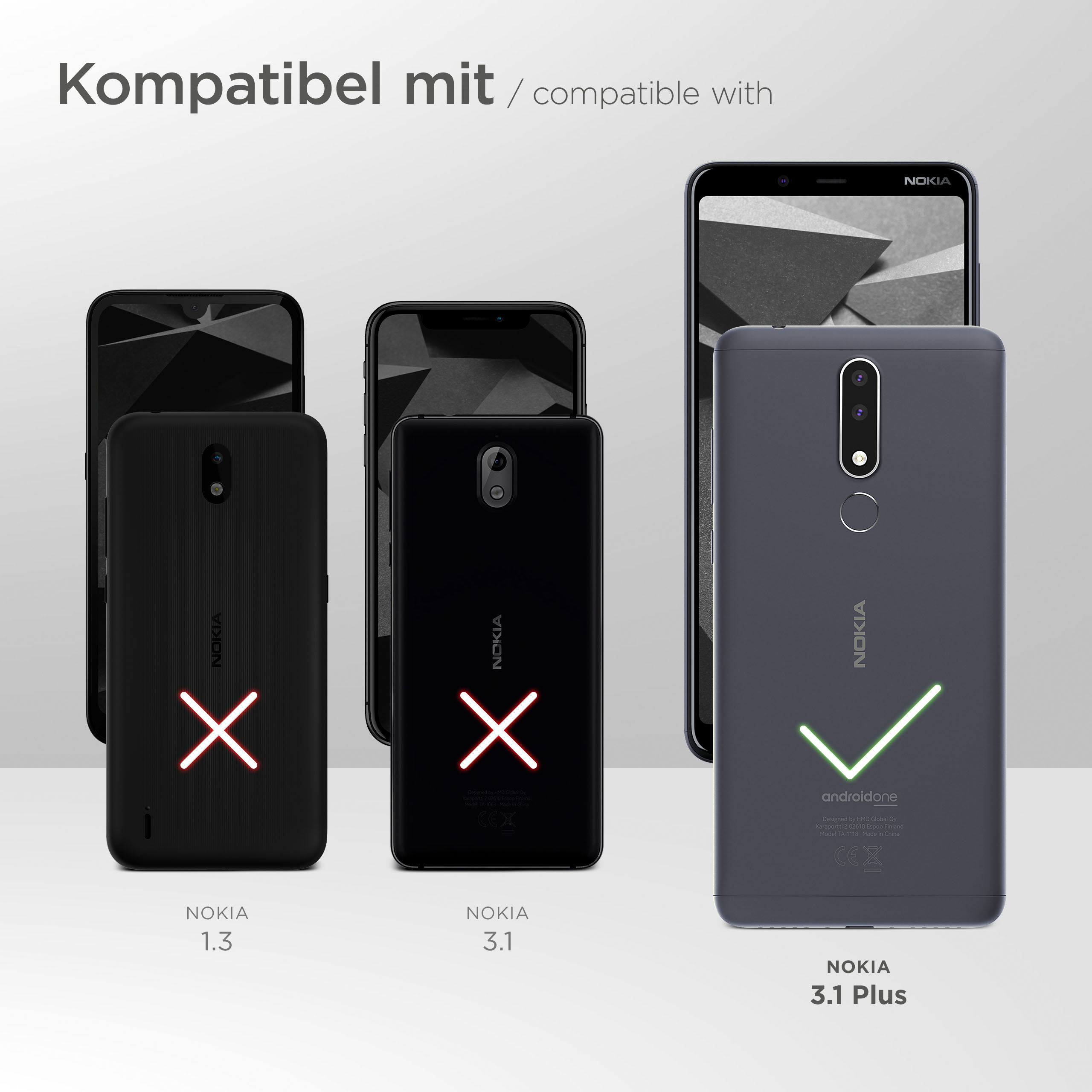 Bild mit Nokia-Telefonen. Nur das 3.1 Plus ist kompatibel, durch ein Häkchen angezeigt.