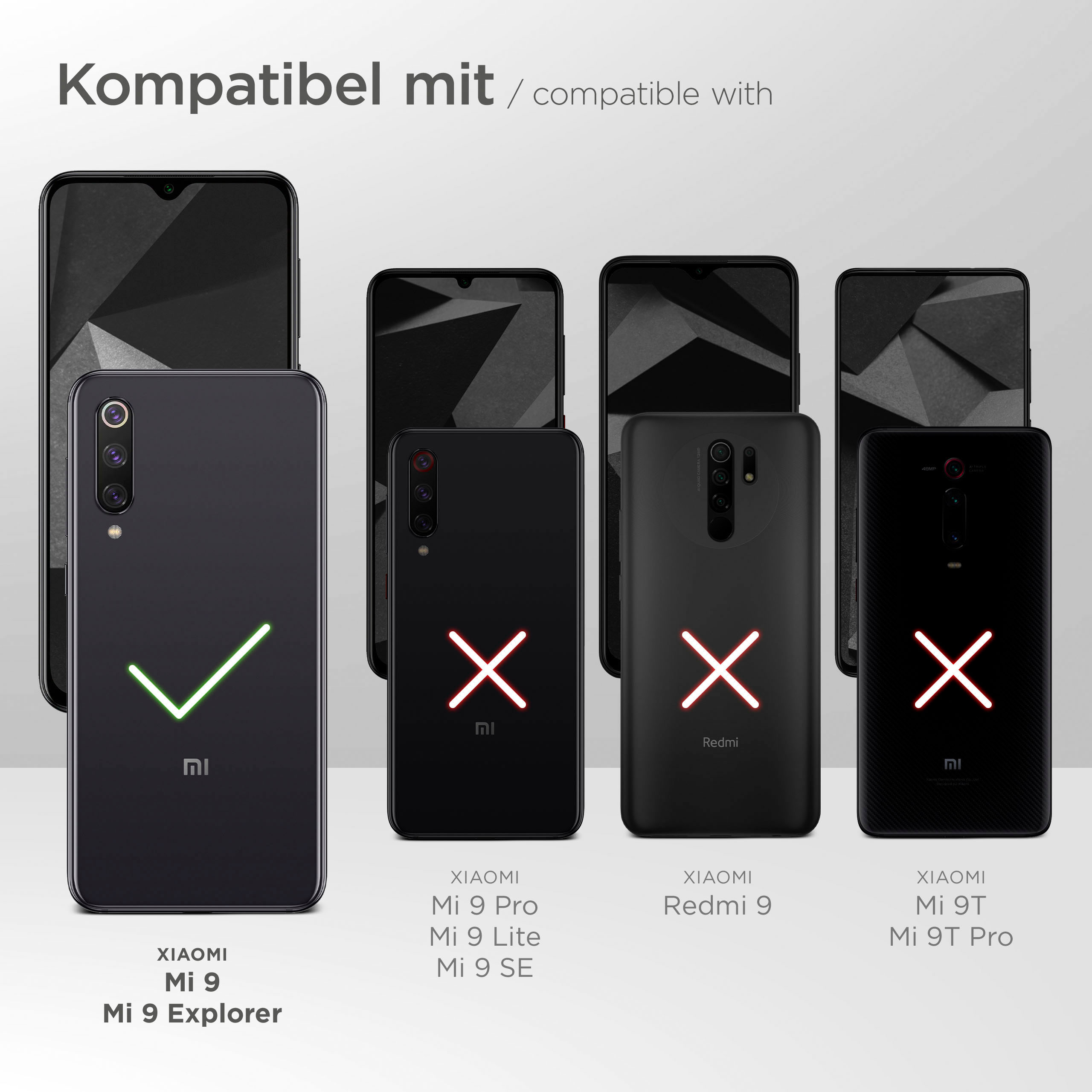 Bild mit Xiaomi-Telefonen. Nur das Mi 9 Explorer ist kompatibel, durch ein Häkchen angezeigt.
