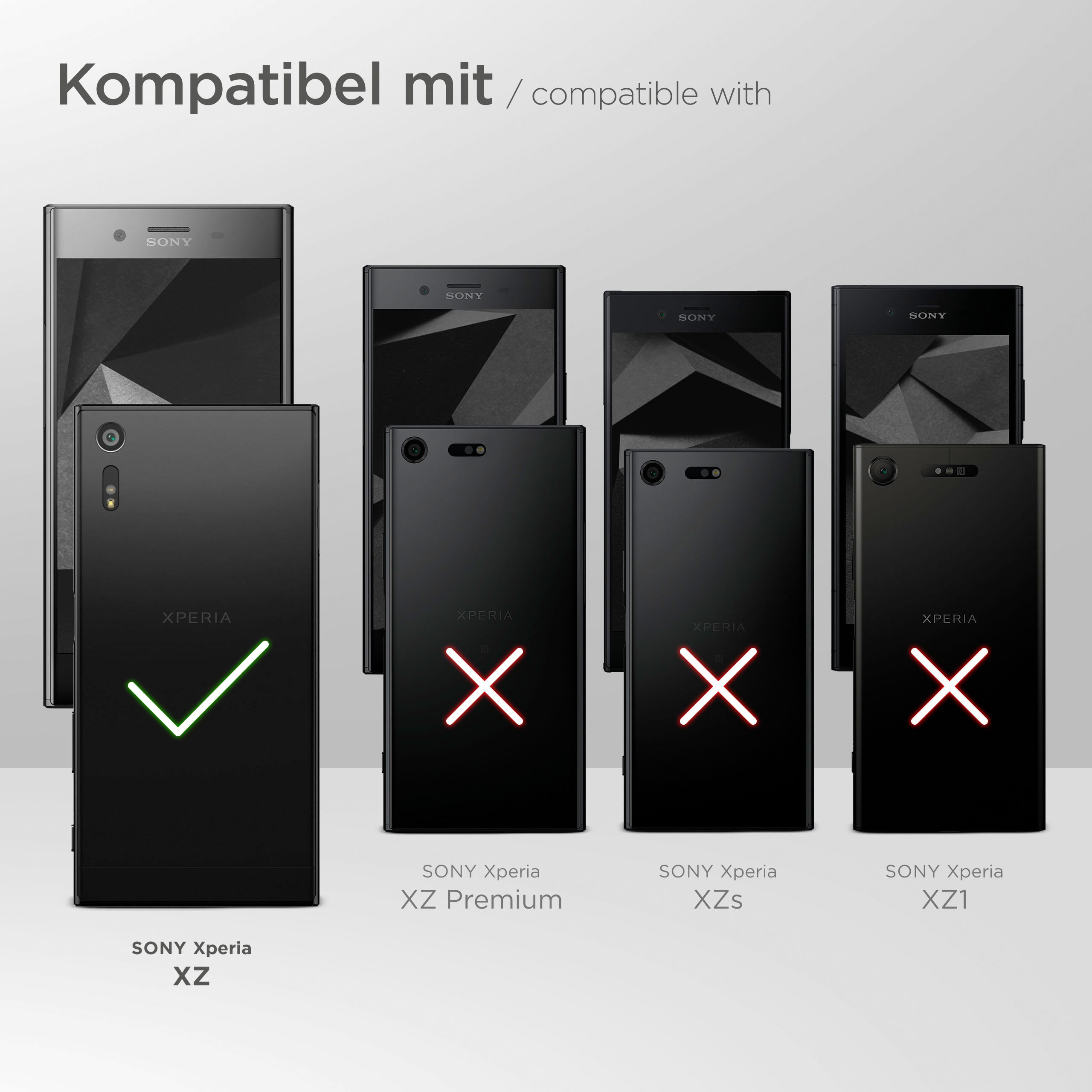 Schwarze Telefone der Marke Xperia. Eines mit Häkchen, andere mit rotem X, auf weißem Hintergrund.