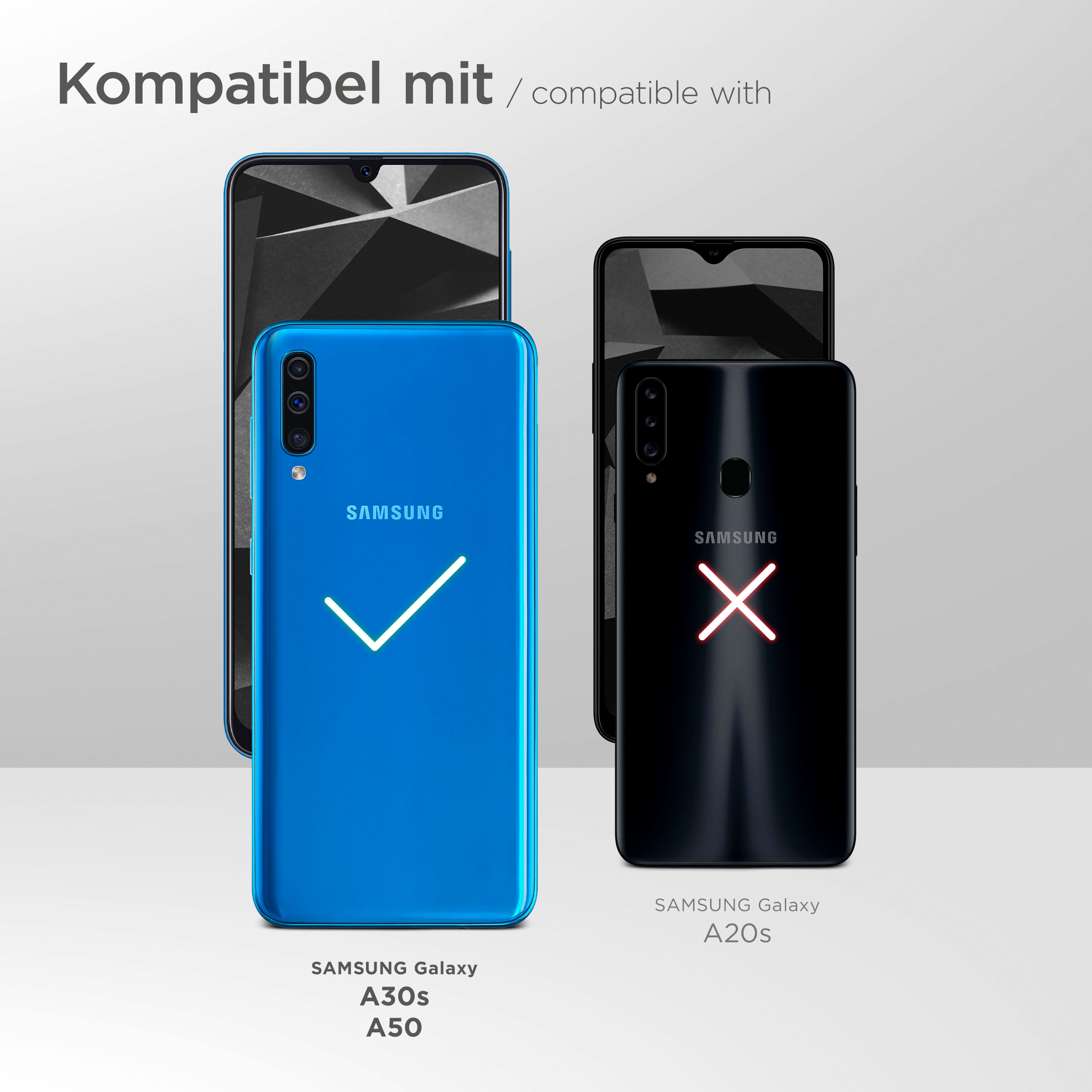 Das Bild zeigt Telefone und Kompatibilität. Das Samsung Galaxy A30s und A50 sind kompatibel.