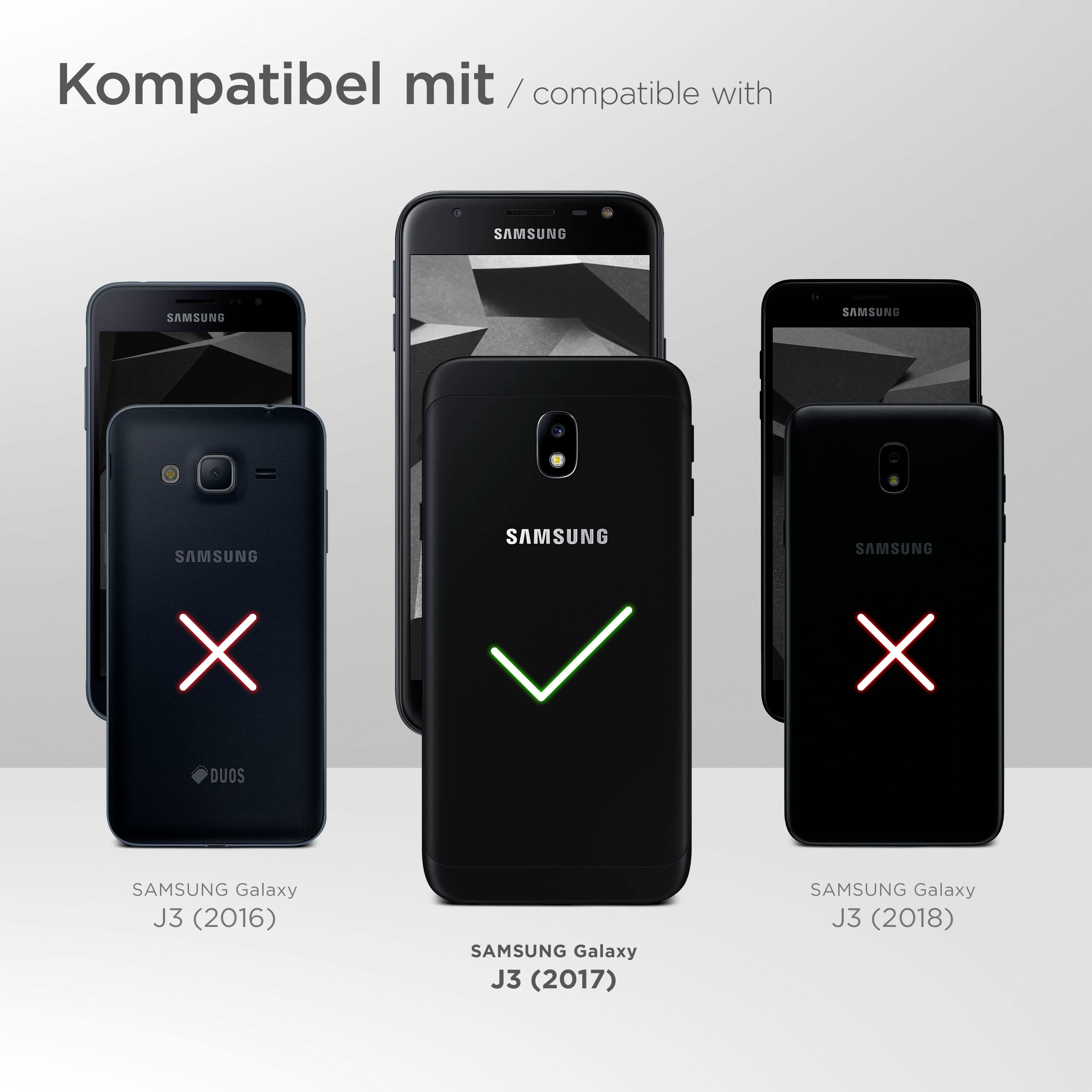 Kompatibilitätsbild für Samsung-Telefone. Samsung Galaxy J3 (2017) ist mit dem Gehäuse kompatibel.