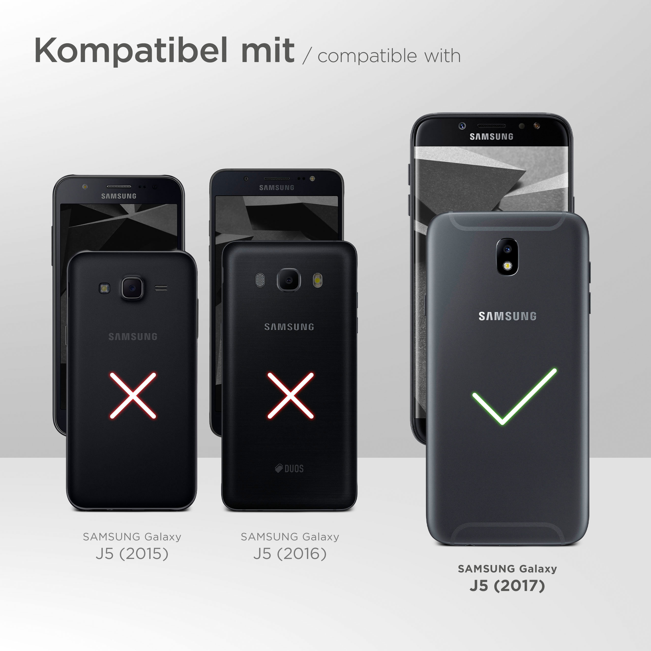Samsung-Telefone mit Kompatibilitäts-Häkchen und Kreuzen. Samsung J5 (2017) ist kompatibel.