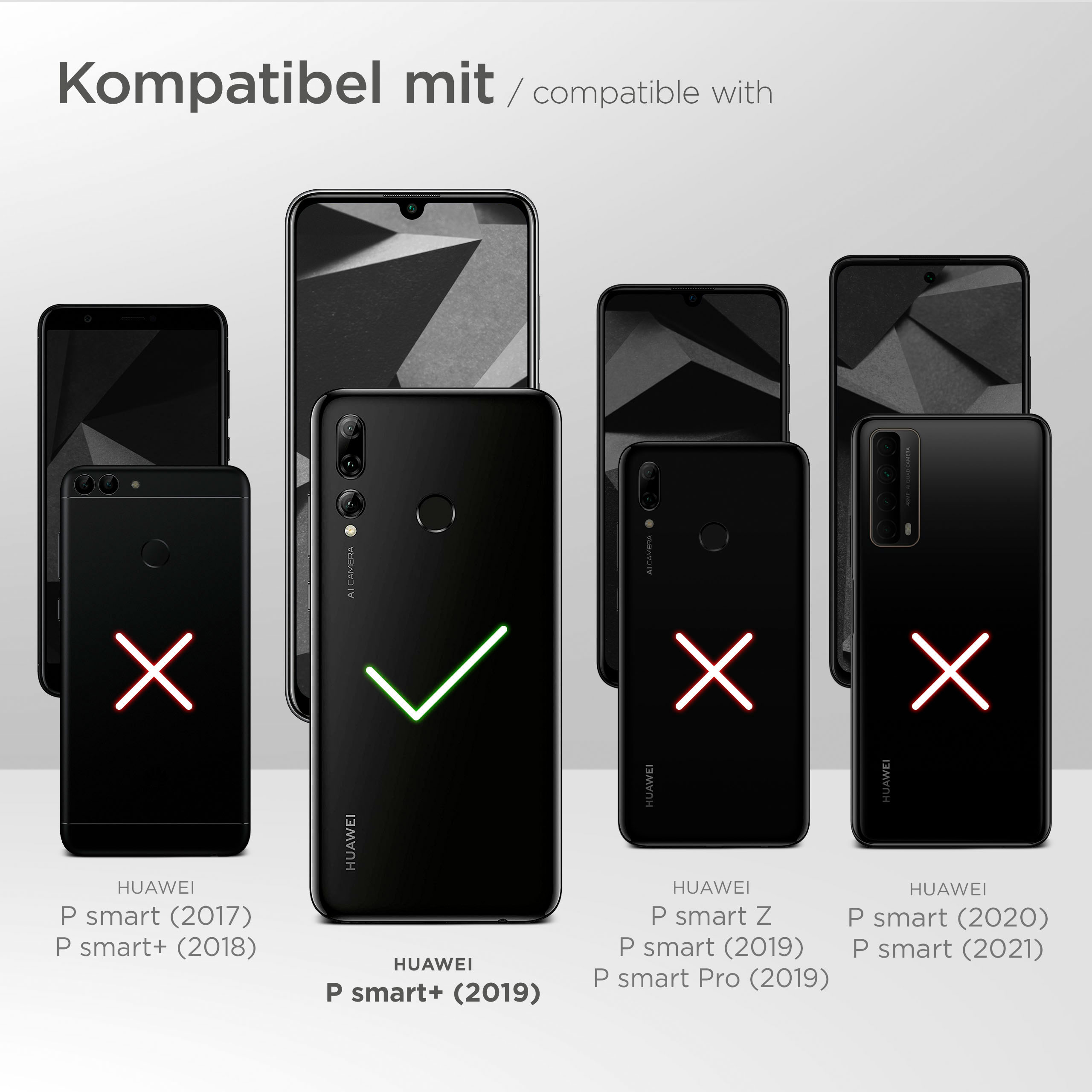 Das Bild zeigt kompatible Huawei-Telefone mit Häkchen oder Kreuzen.