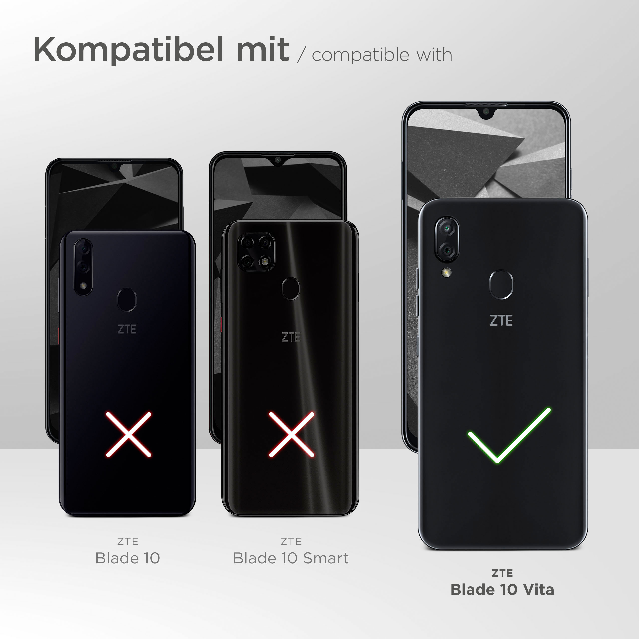 Bild zeigt kompatible Telefone. Drei Telefone mit ZTE-Logo. Eines mit Häkchen.