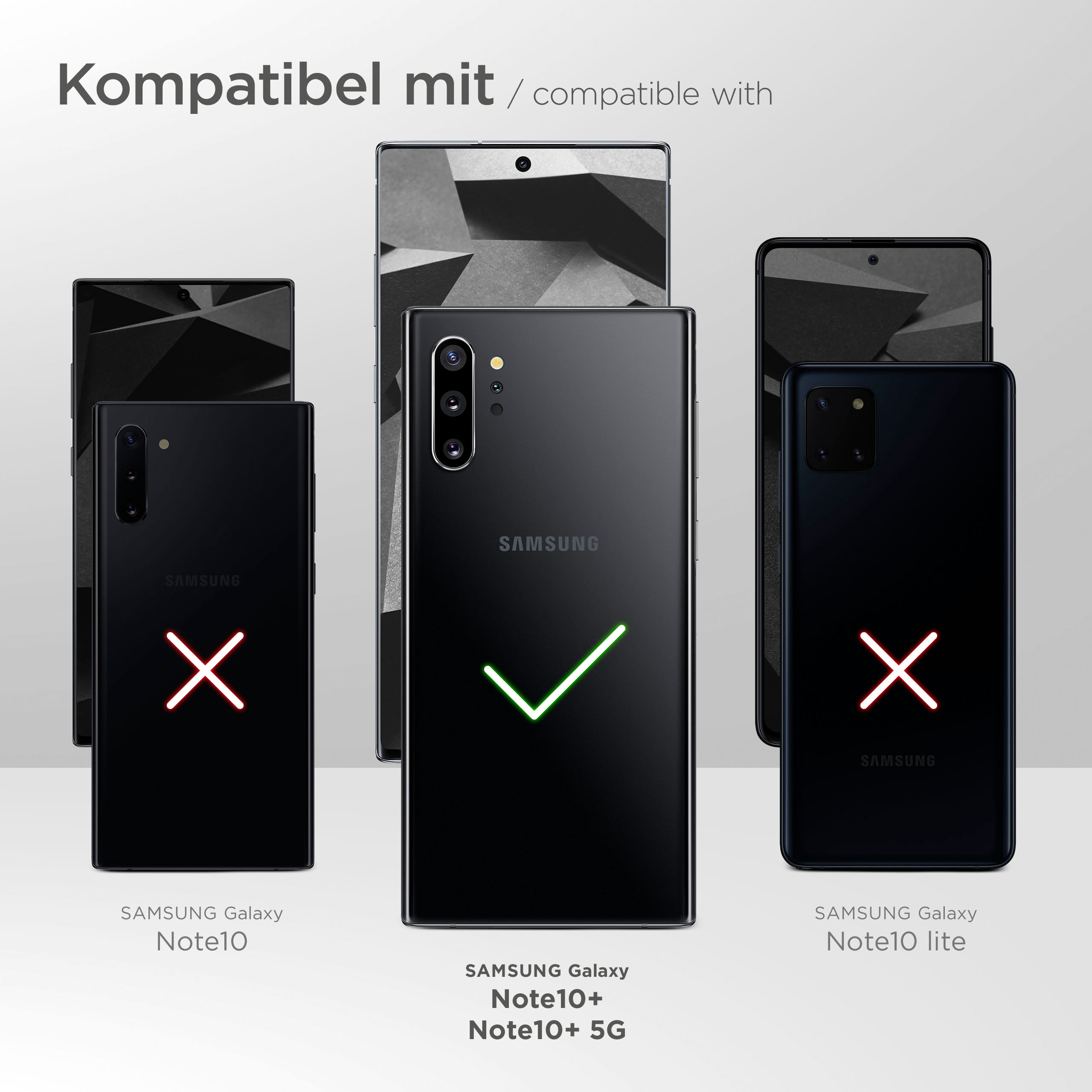 Bild zeigt Samsung Telefone mit Kompatibilitätsmarkierungen. Samsung Galaxy Note10+ hat ein Häkchen, andere ein X.