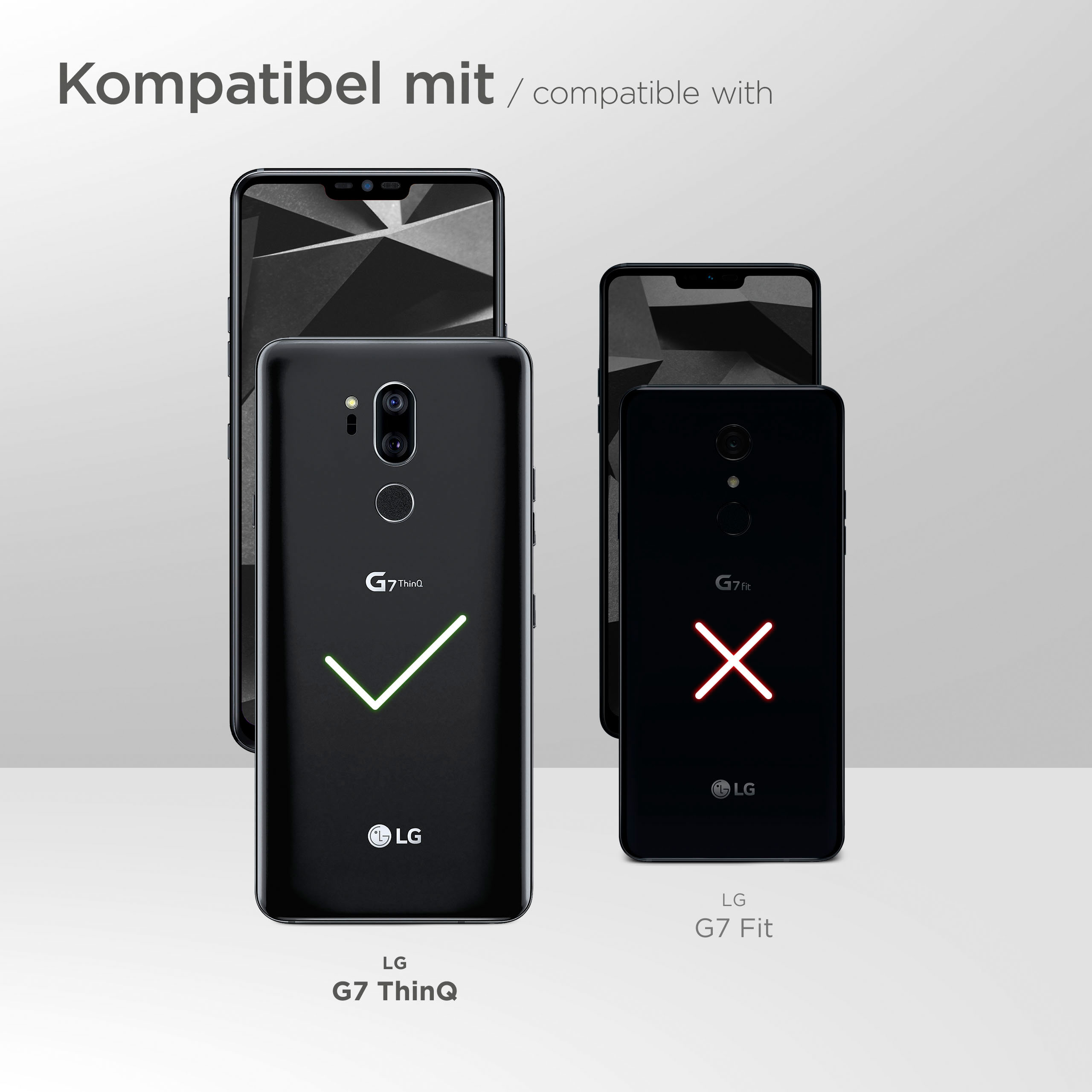 Das Bild zeigt kompatible LG-Telefone mit Häkchen oder Kreuzen.
