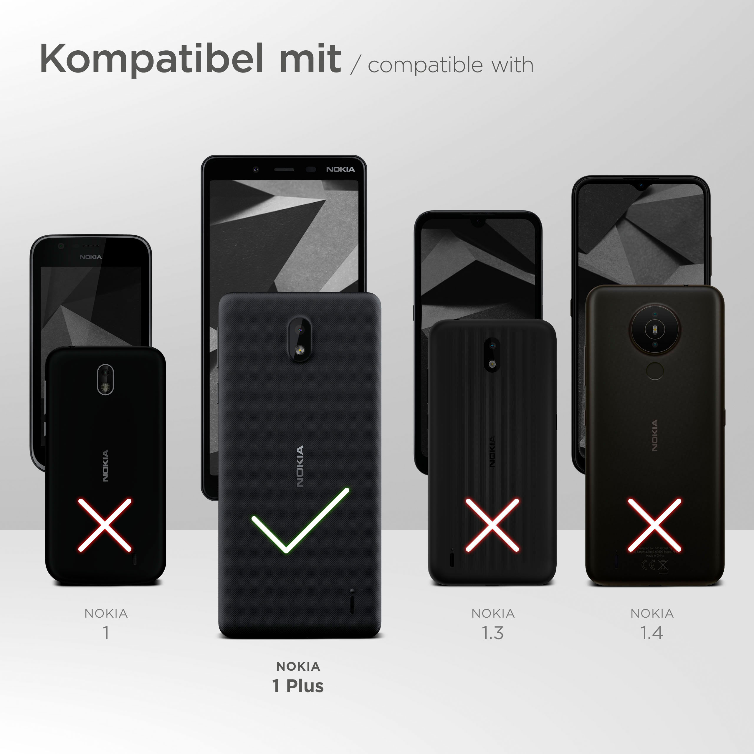 Mehrere Smartphones. Eines hat ein grünes Häkchen, die anderen rote X's.