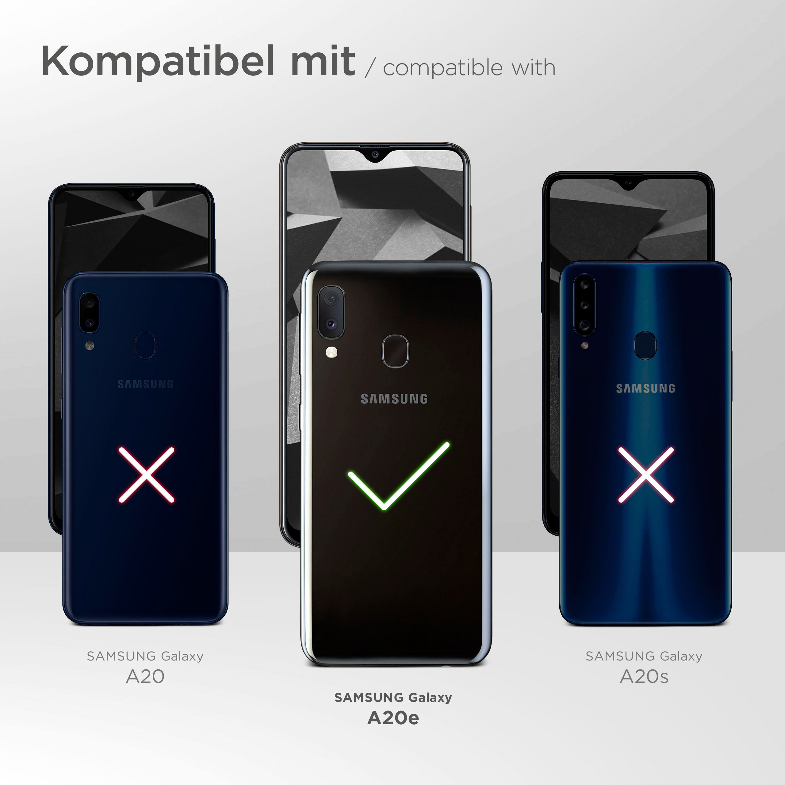 Telefone und Handyhüllen. Einige Telefone werden mit einem X, eines mit einem Häkchen gezeigt.