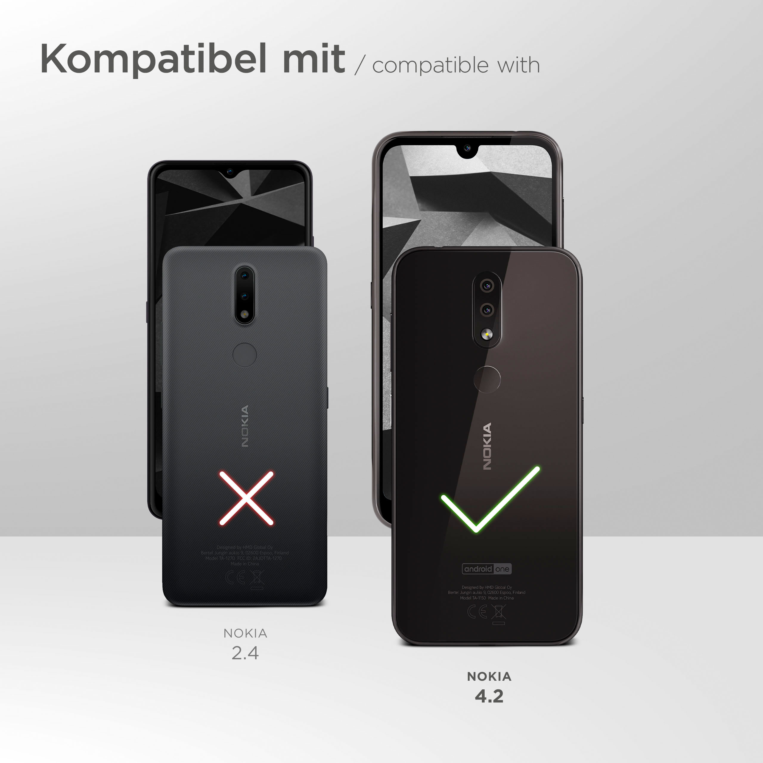 Zwei Telefone und Text, der die Kompatibilität anzeigt. Ein Telefon ist grün abgehakt, eins rot mit X.