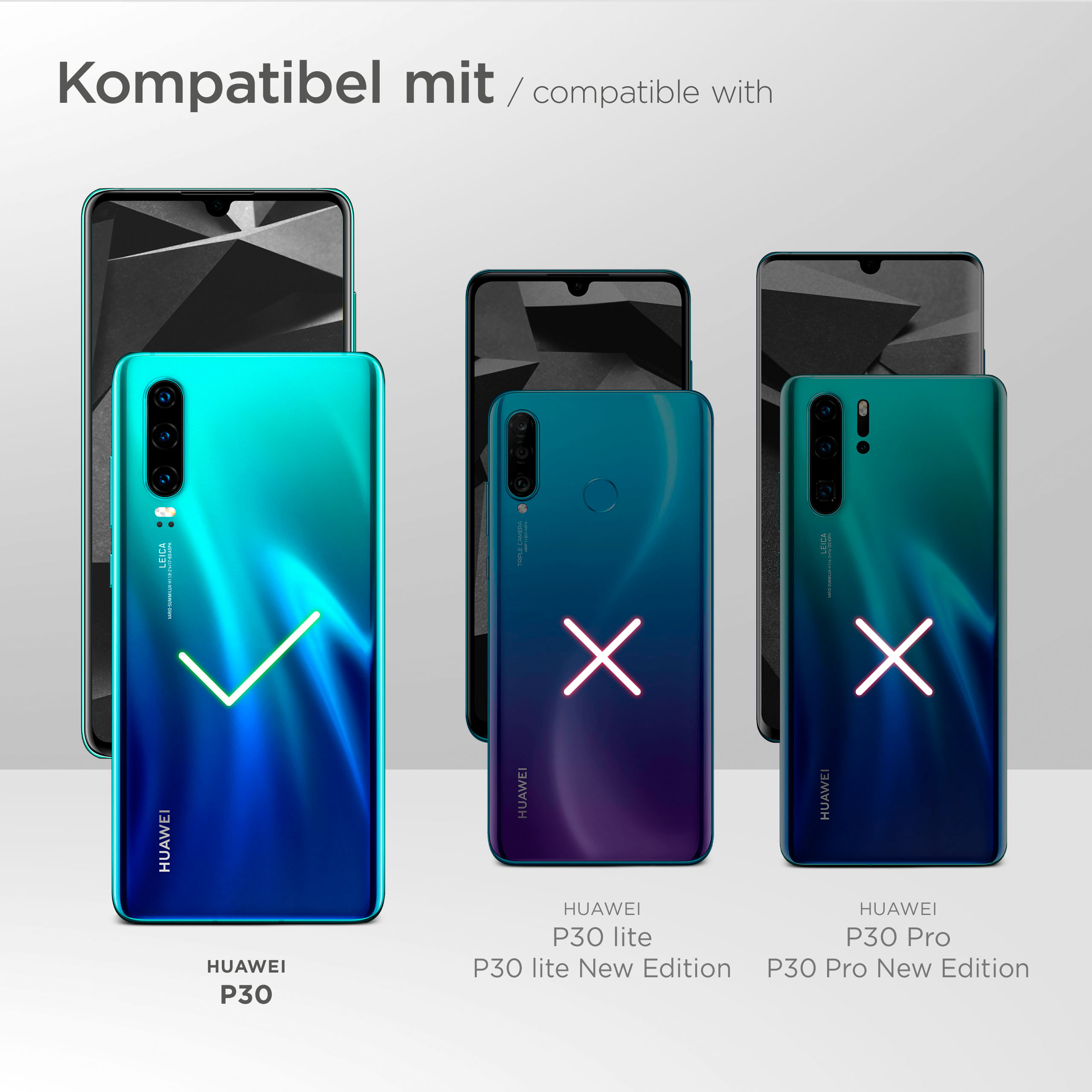 Drei Smartphones mit der Bezeichnung Huawei. P30 ist grün, P30 Lite ist türkis, P30 Pro ist türkis.