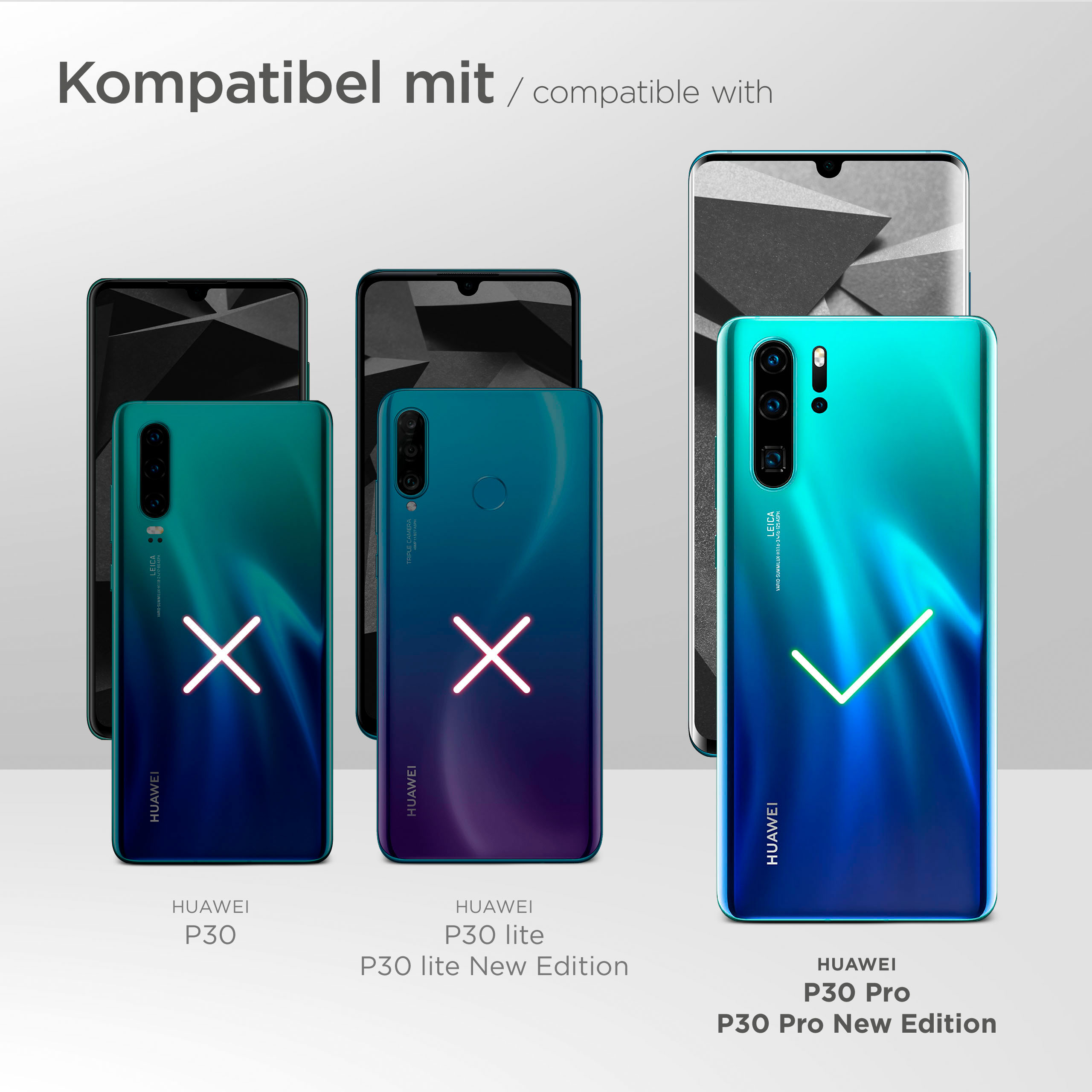 Smartphone-Kompatibilitätstabelle. Huawei P30 Pro kompatibel, andere mit X markiert.