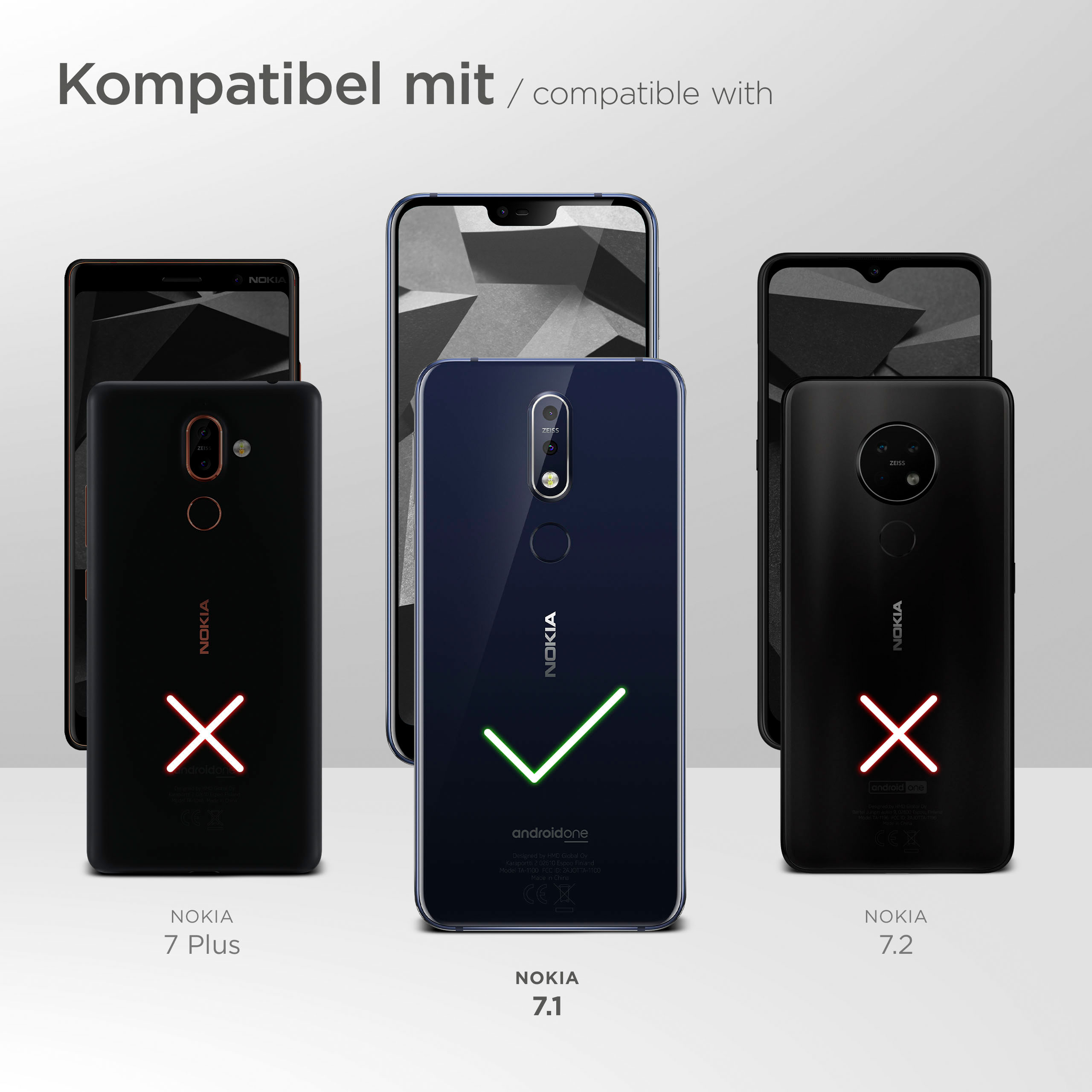 Das Bild zeigt Telefone mit Kompatibilitätsmarkierungen. Ein Telefon hat ein Häkchen, andere ein X.
