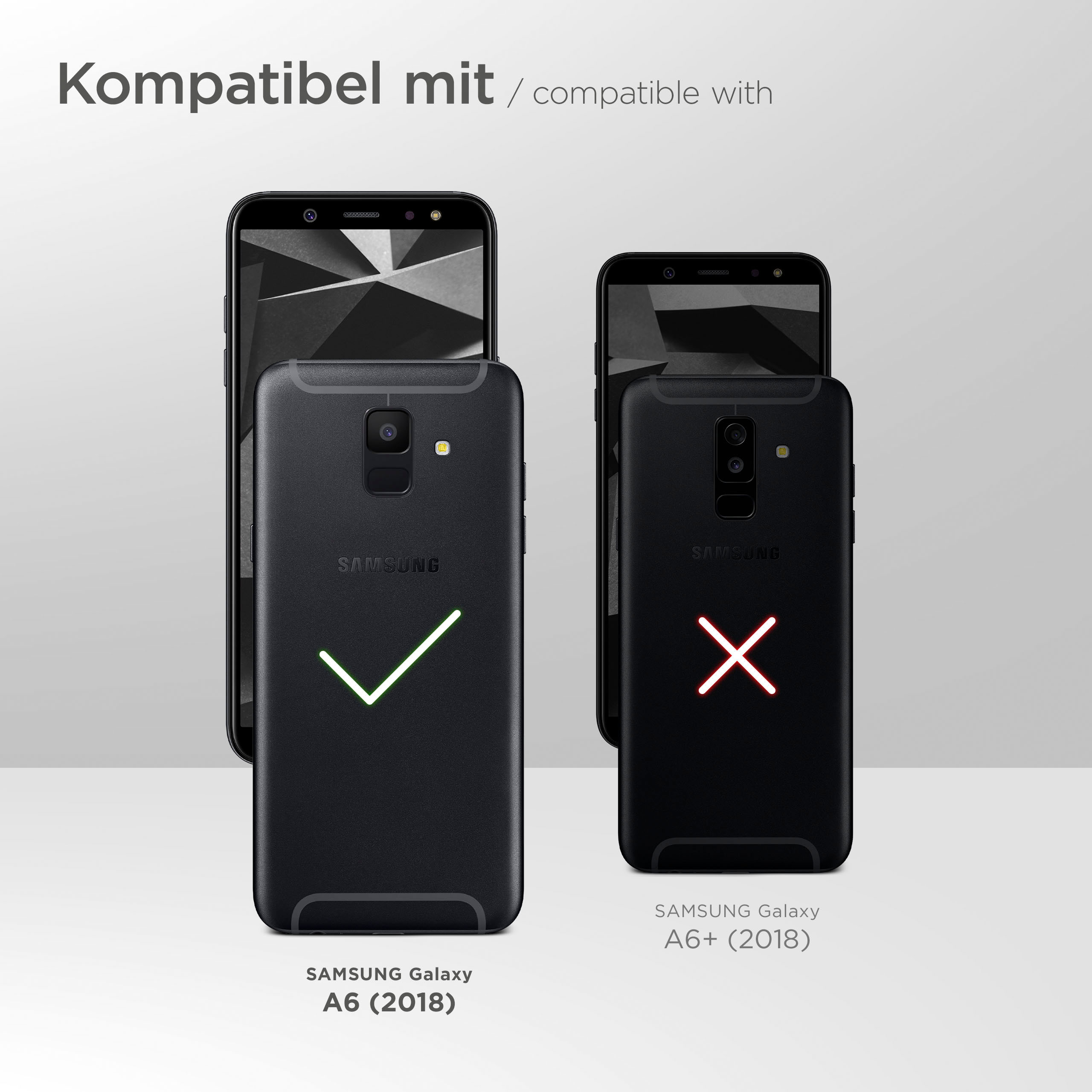Bild zeigt Samsung Telefone mit Kompatibilitätsmarkierungen. Samsung A6 (2018) hat ein Häkchen, A6+ (2018) ein X.