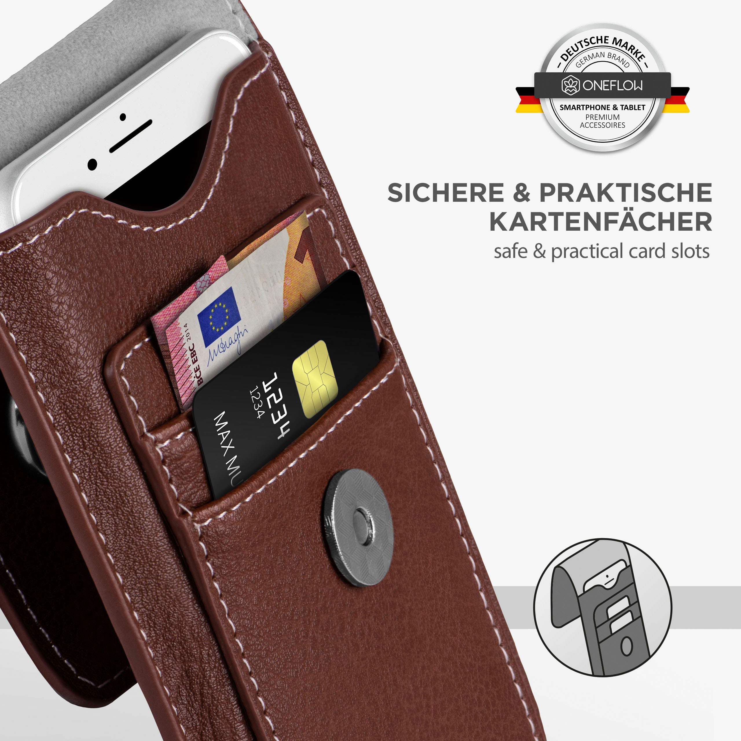 Braunes Leder-Handycase mit Kartenfächern, Kreditkarte und Euroscheinen.