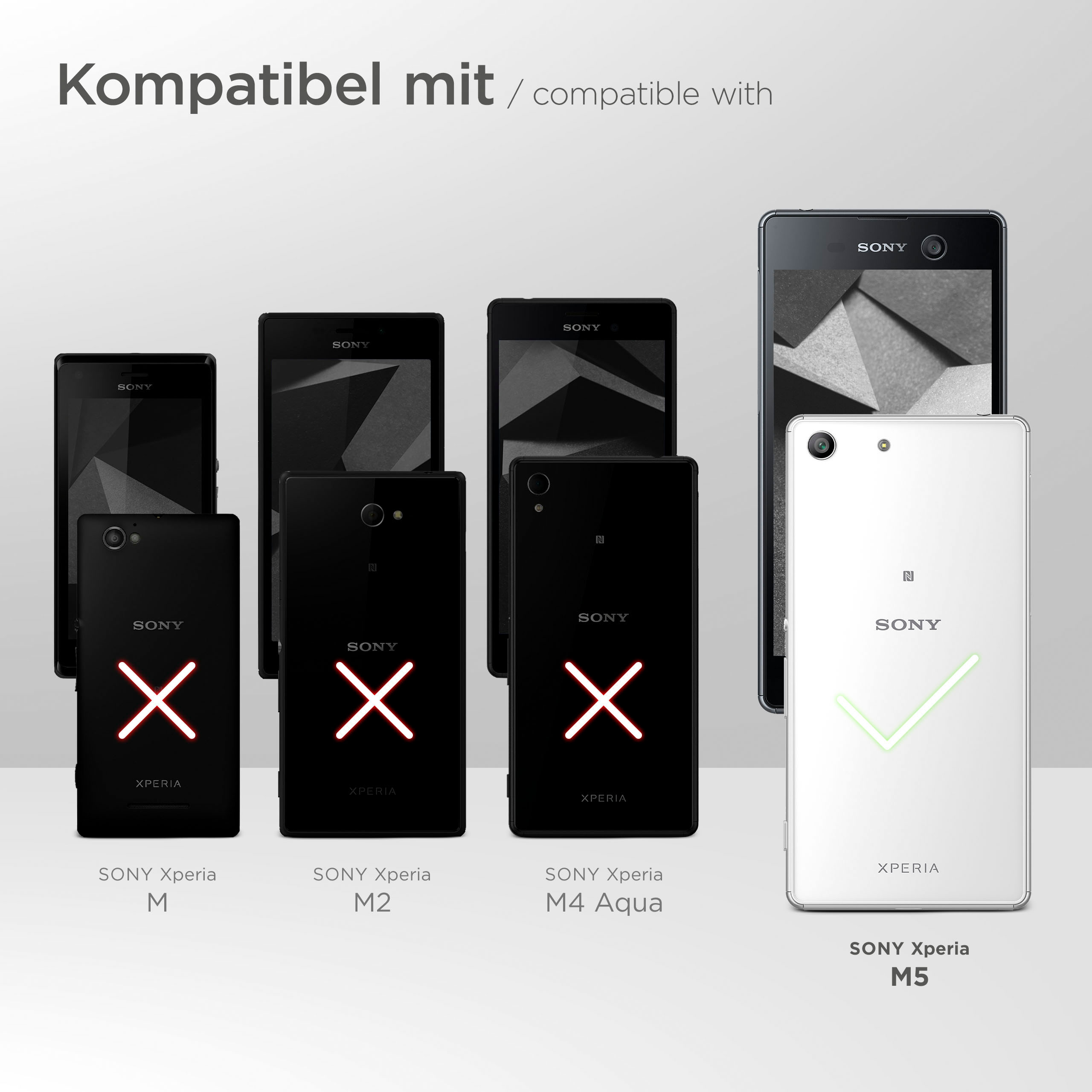 Verschiedene Sony Xperia-Telefone, einige mit roten X's, eines mit grünem Haken.