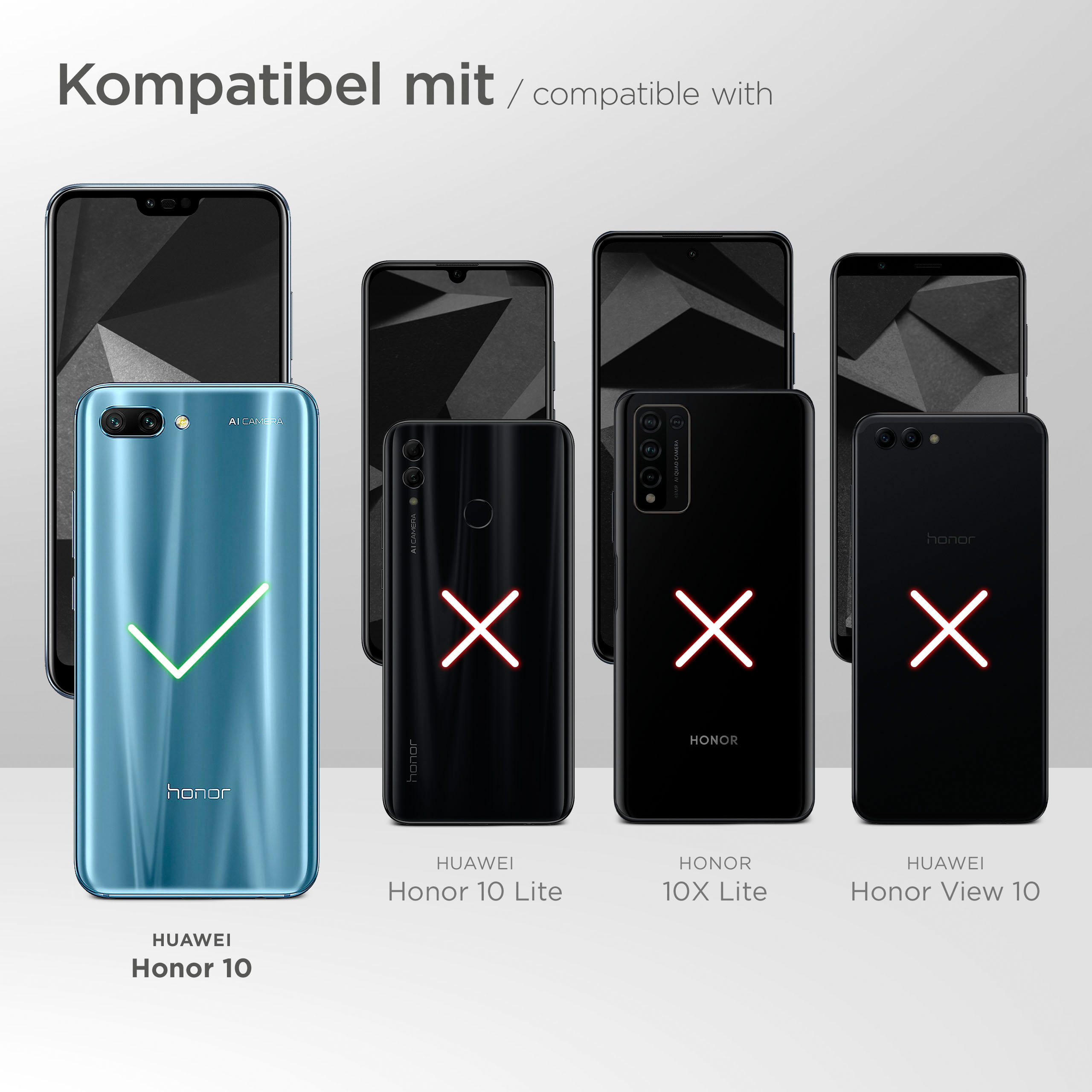 Mehrere Telefone, eines mit Häkchen, andere mit roten X, die Kompatibilität anzeigen.