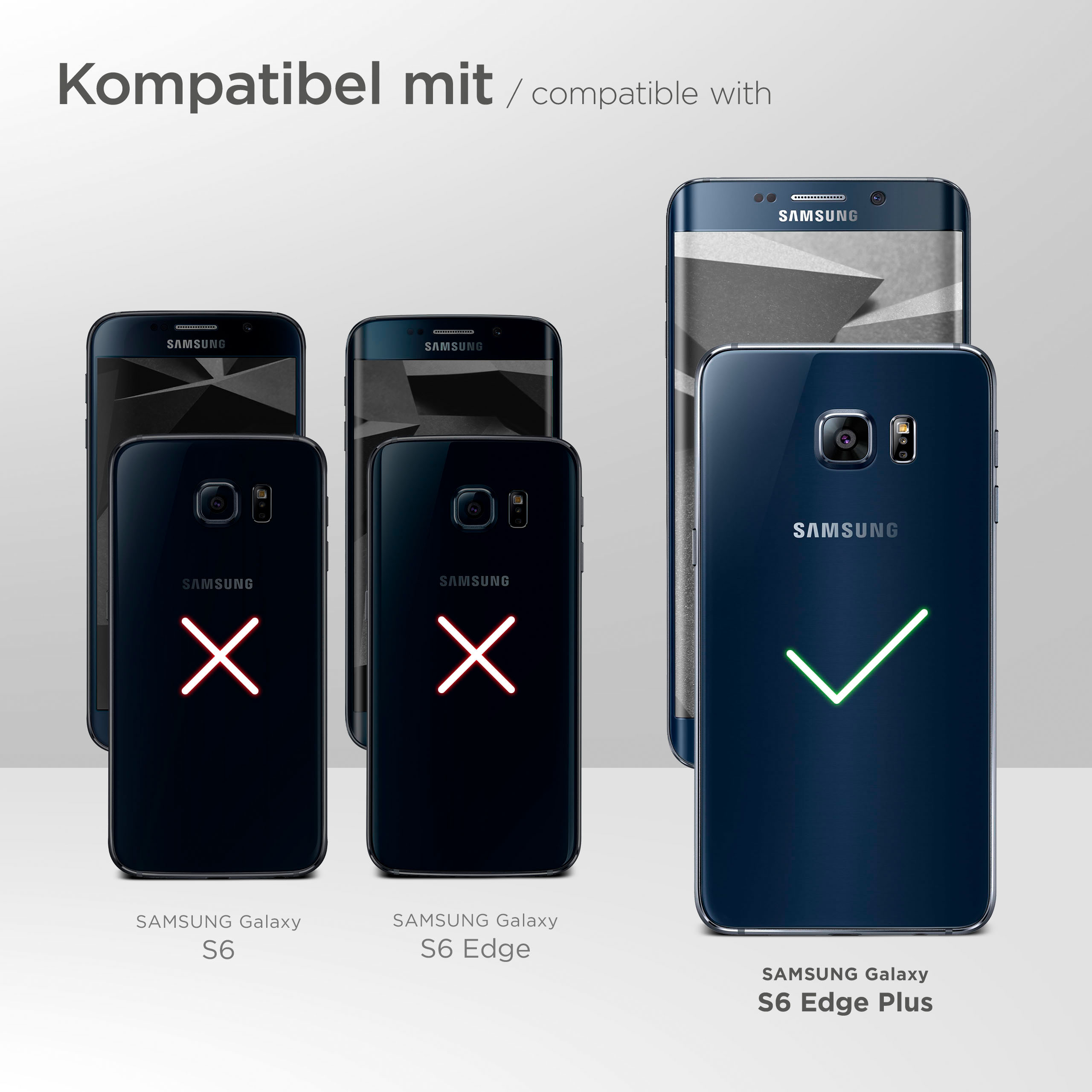 Telefone mit Hüllen. Samsung Galaxy S6 Edge Plus ist kompatibel, andere nicht.