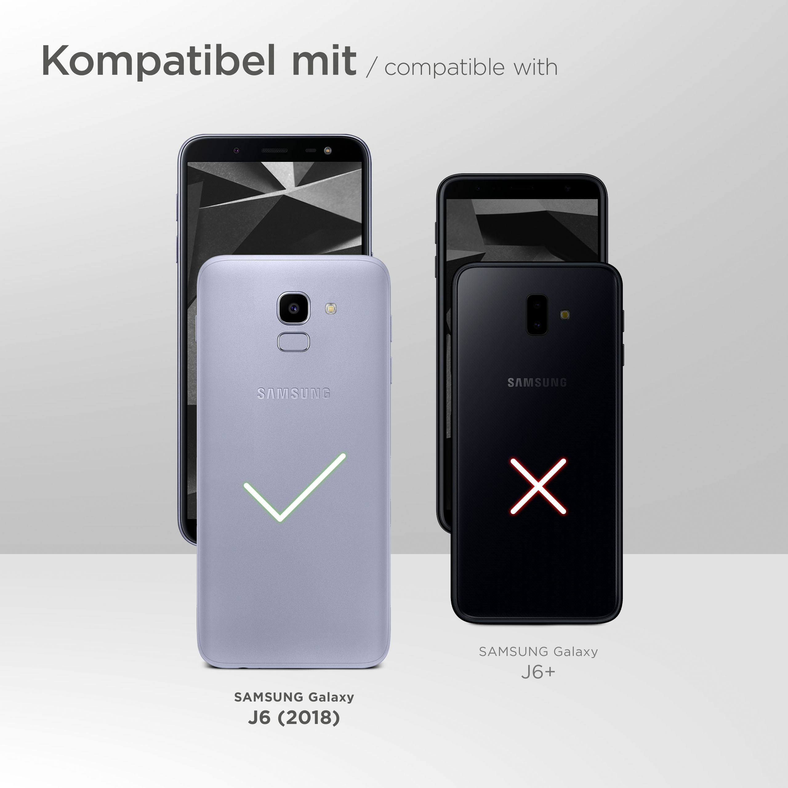 Das Bild zeigt Telefone, einige mit roten Kreuzen und einige mit grünen Häkchen, was die Kompatibilität anzeigt. Text lautet 'kompatibel mit'.