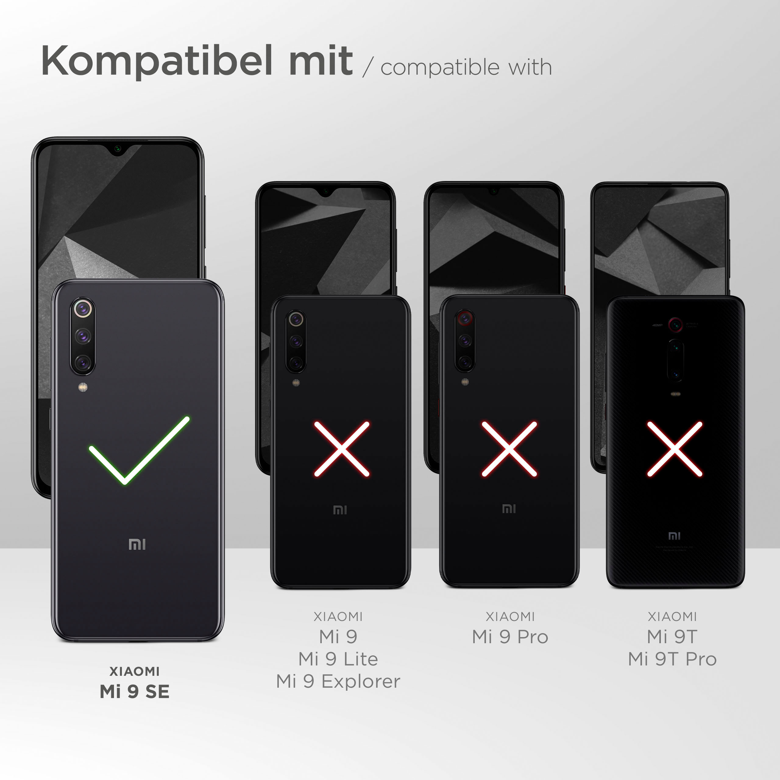 Bild zeigt kompatible Telefone mit Hülle. Xiaomi Mi 9 SE hat grünes Häkchen, andere rote X.