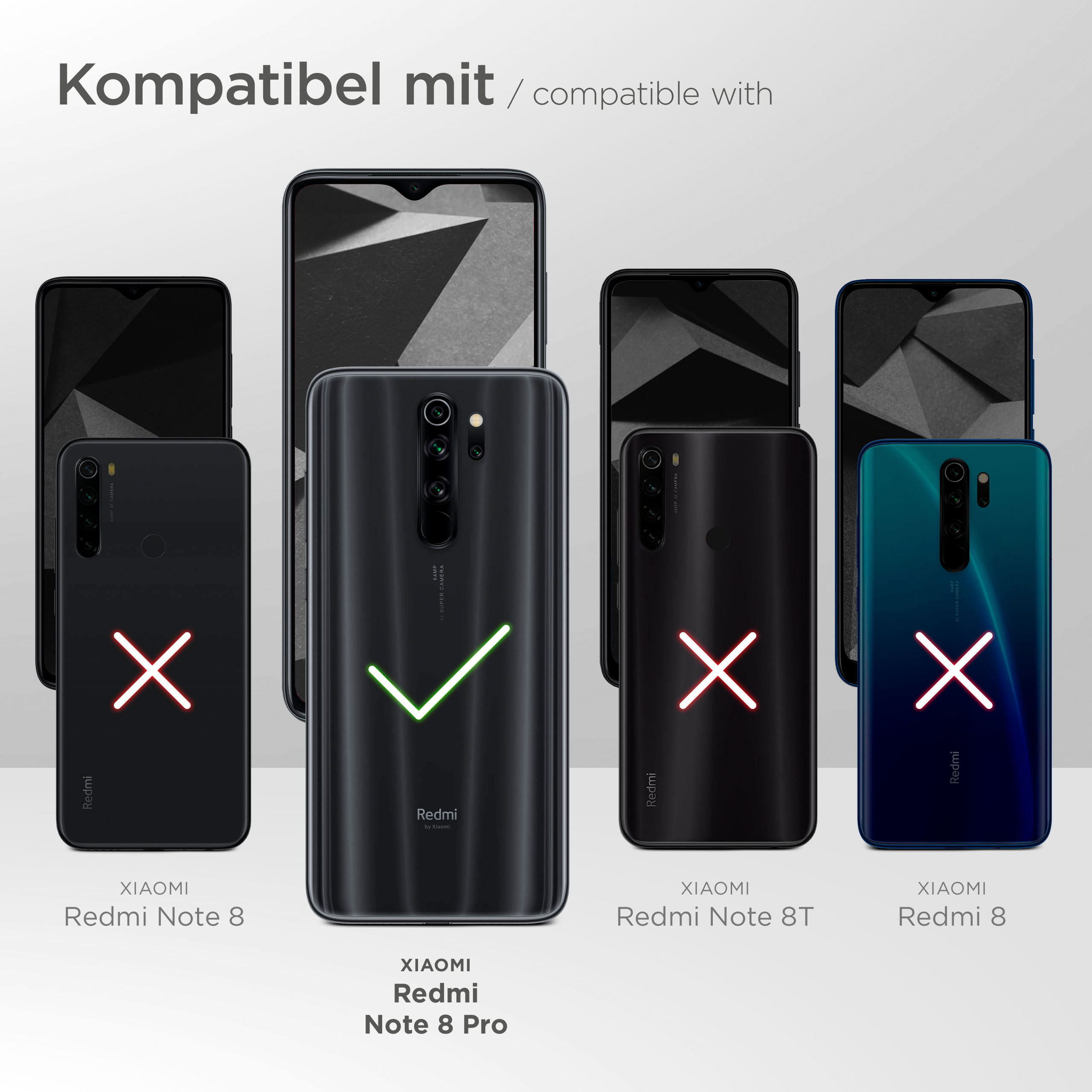 Bild zeigt kompatible Telefone mit Hülle. Redmi Note 8 Pro hat grünes Häkchen, andere rote X.