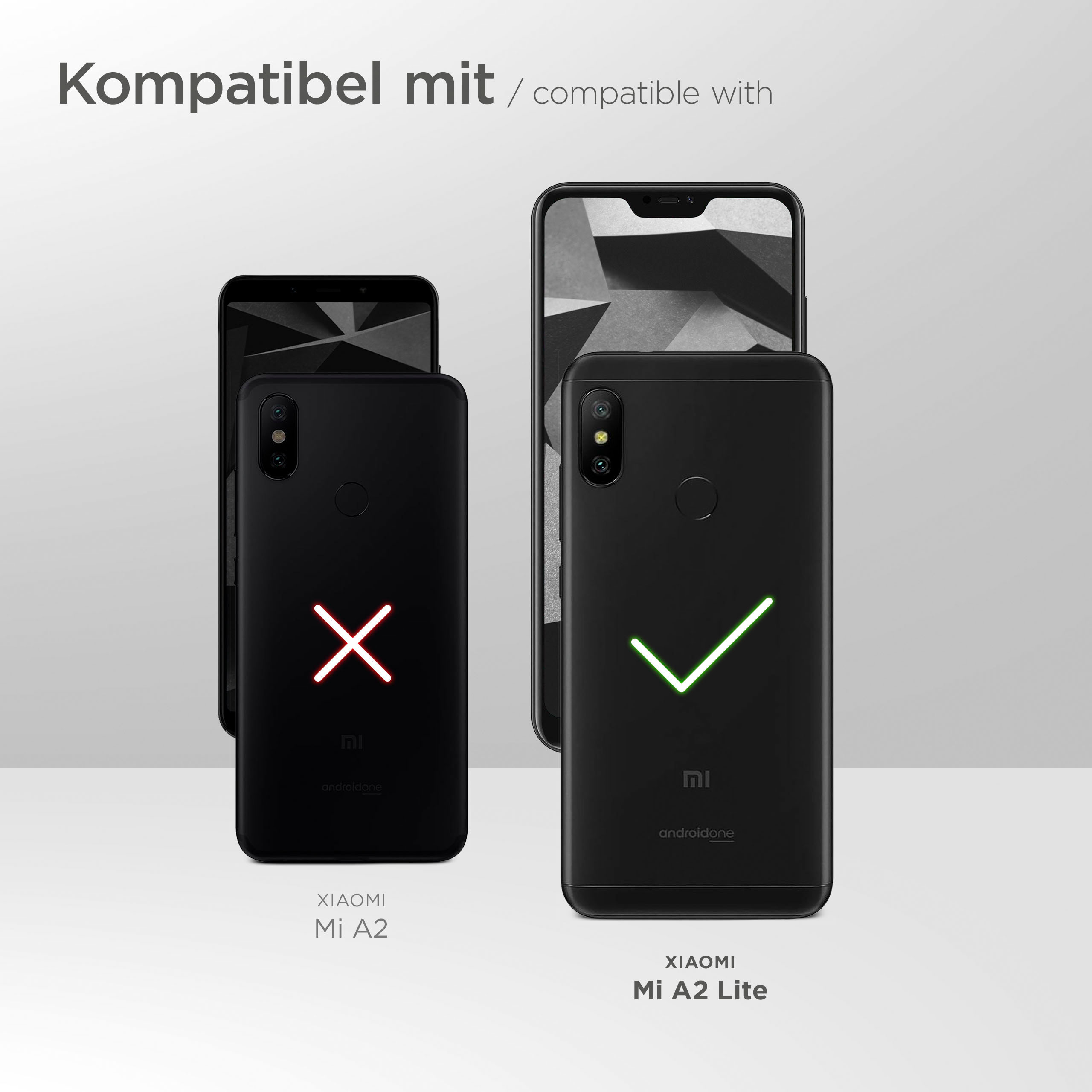 Schwarze Telefone mit roten X und einem grünen Häkchen. Text zeigt Kompatibilität.