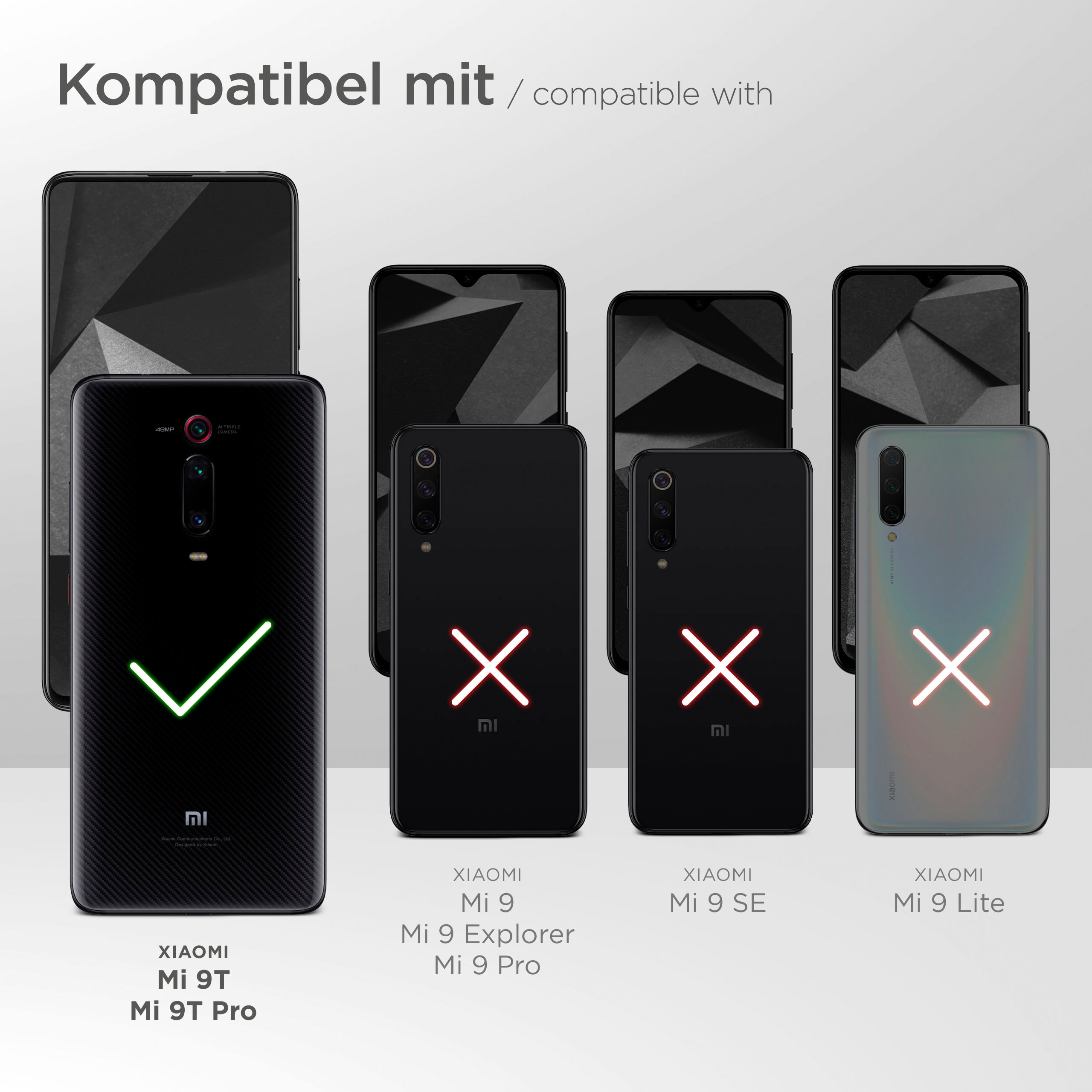 Telefone, einige mit grünen Haken, einige mit roten X, die Kompatibilität anzeigen.