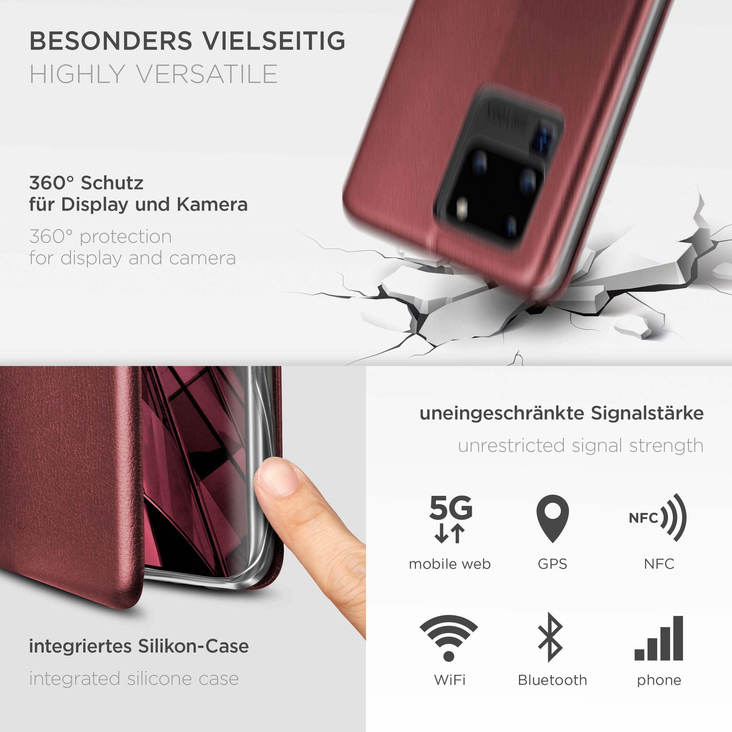 Telefonhülle mit roter Abdeckung. Die Hülle befindet sich auf einer zerbrochenen Oberfläche und zeigt ein Telefon.