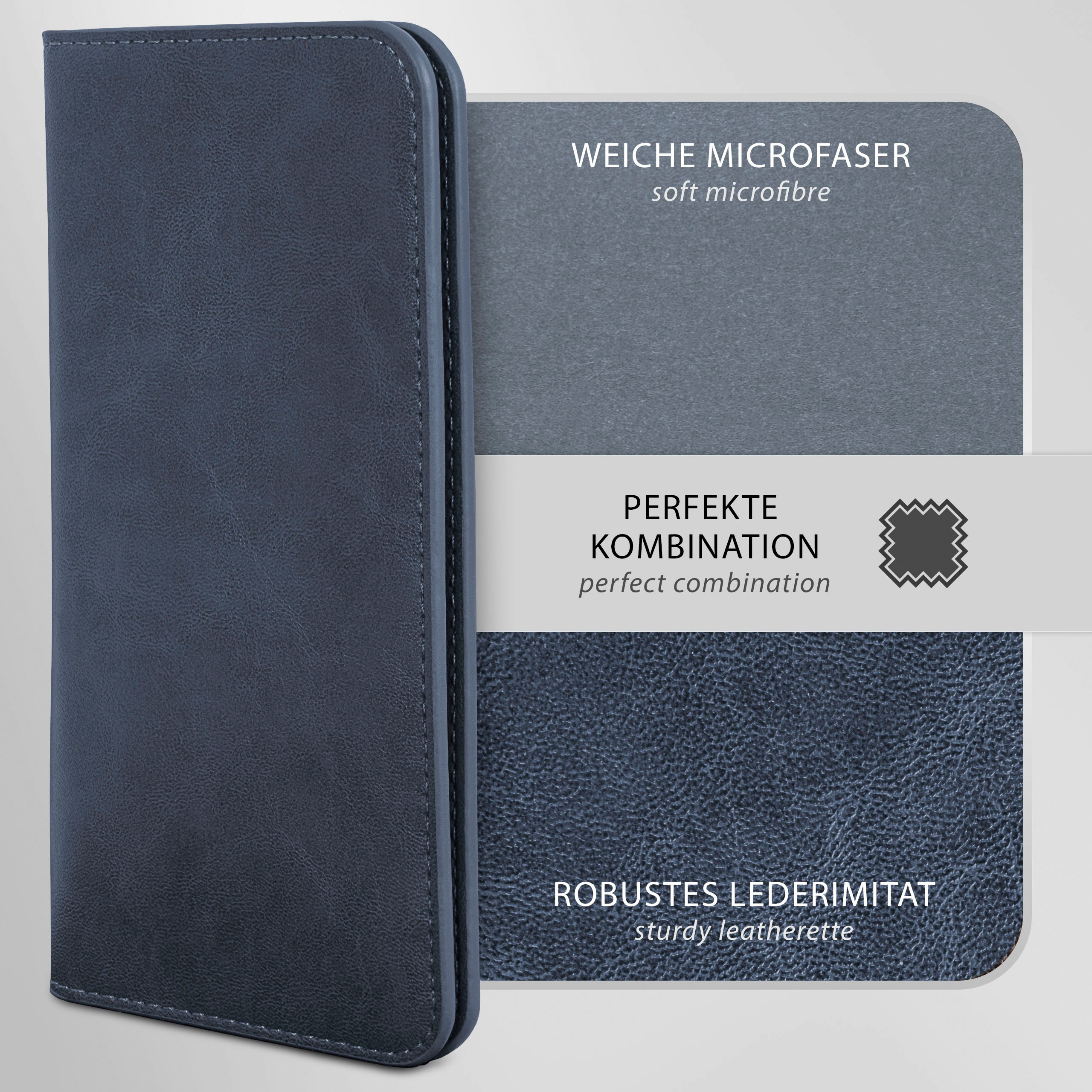 Blaue Leder-Handyhülle geöffnet, zeigt dunkelblaues Futter und Abschnitt 'perfekte Kombination'.