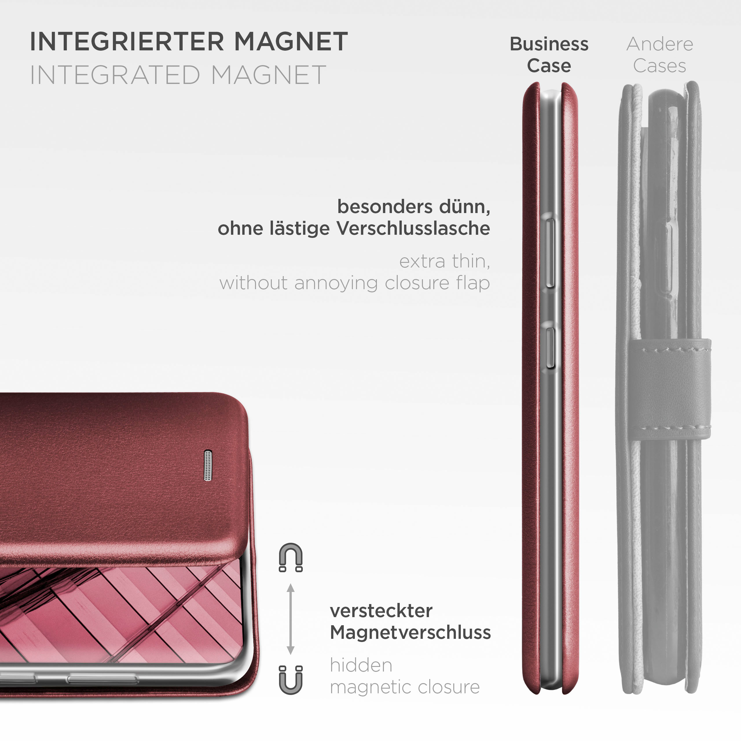 Eine weinrote Handyhülle mit Magnetverschluss. Text: versteckter Magnetverschluss. Zeigt den integrierten Magneten.