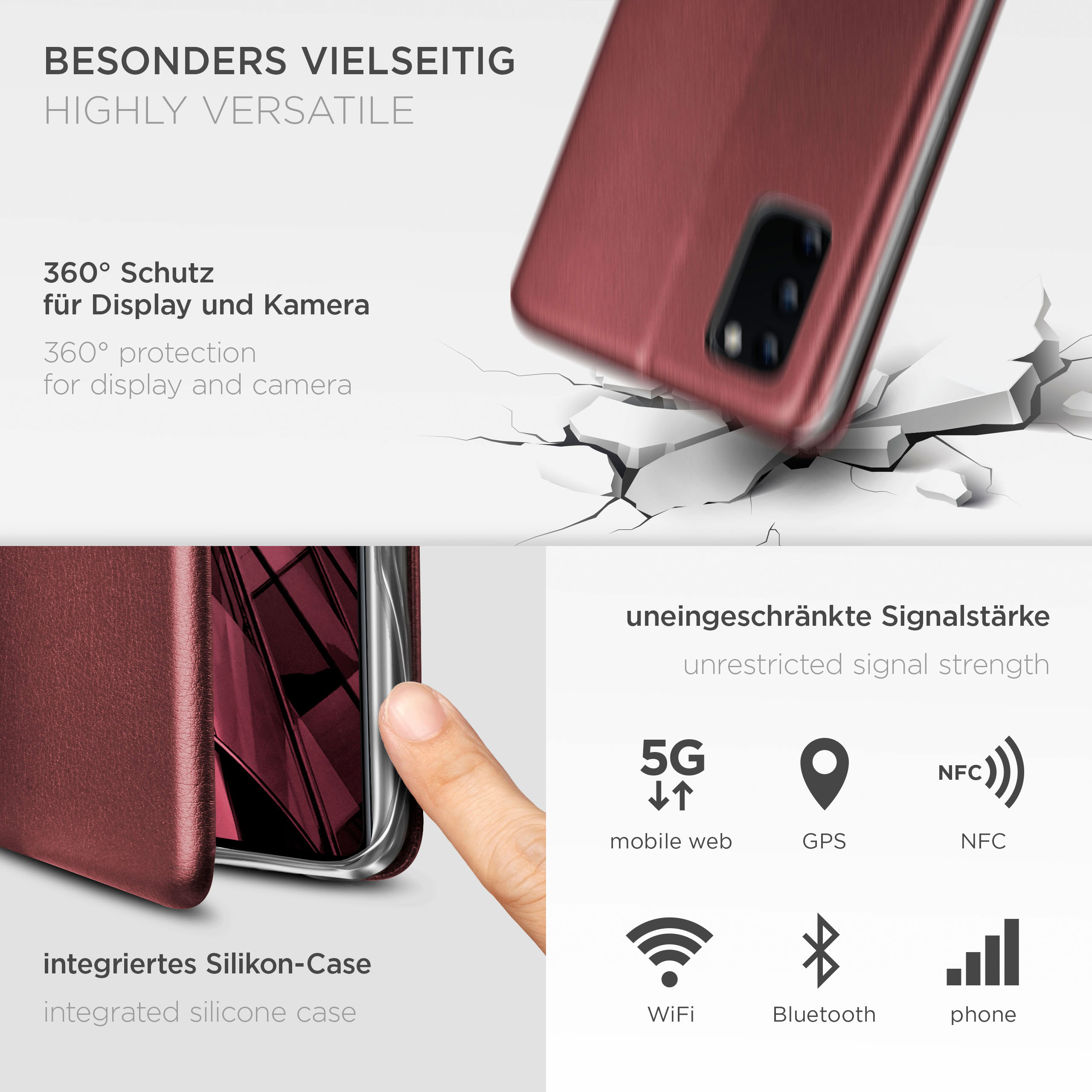 Rote Handyhülle mit Symbolen für 5G, GPS, NFC, WLAN, Bluetooth und Telefonsignal.