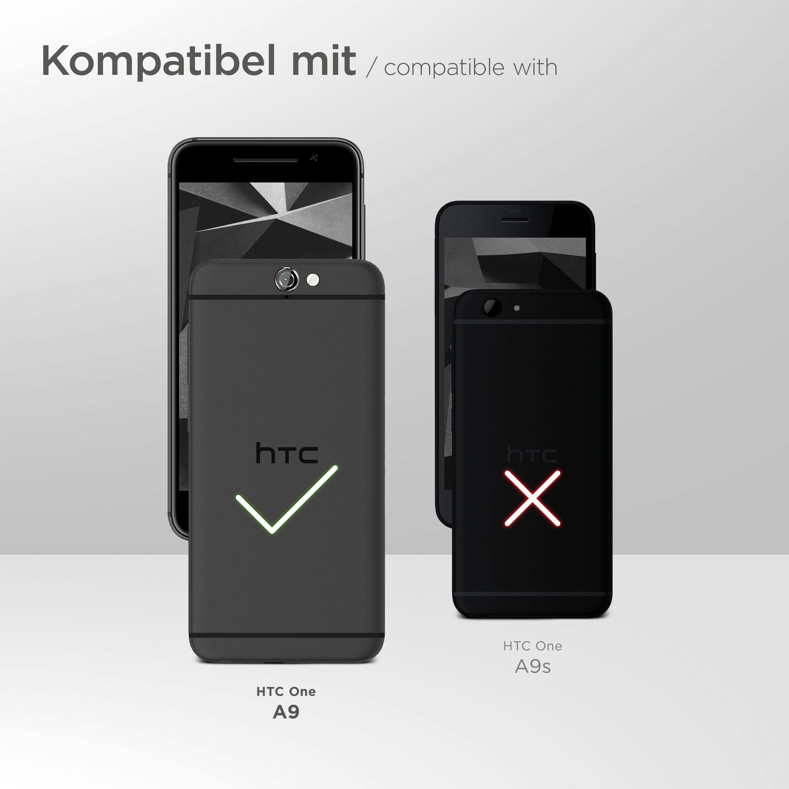 Schwarze Telefone mit grauem Gehäuse. Ein Telefon hat grünes Häkchen, das andere rotes X. Text: kompatibel mit.
