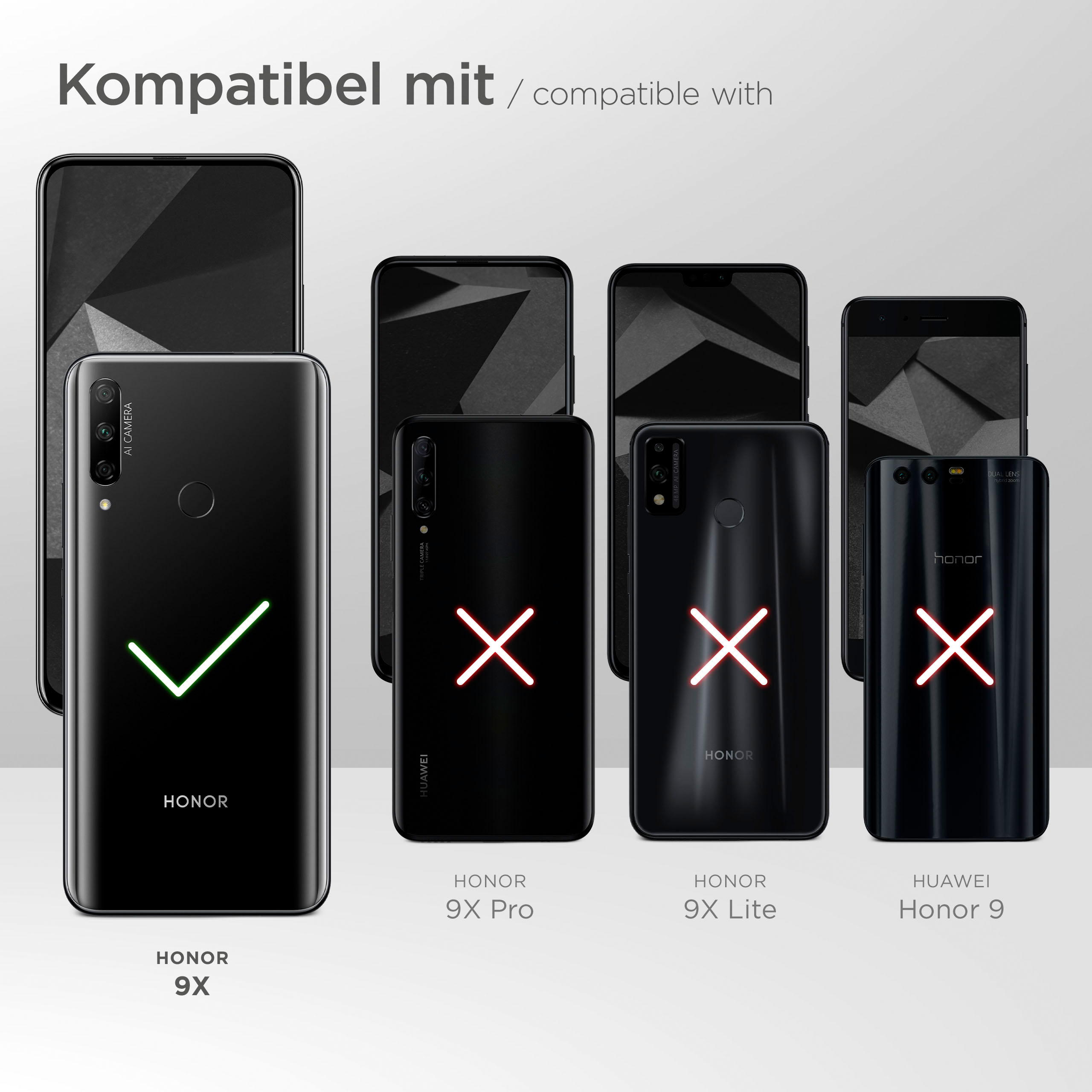 Das Bild zeigt Telefone, einige mit roten Kreuzen und einige mit grünen Häkchen, was die Kompatibilität anzeigt. Text lautet 'kompatibel mit'.
