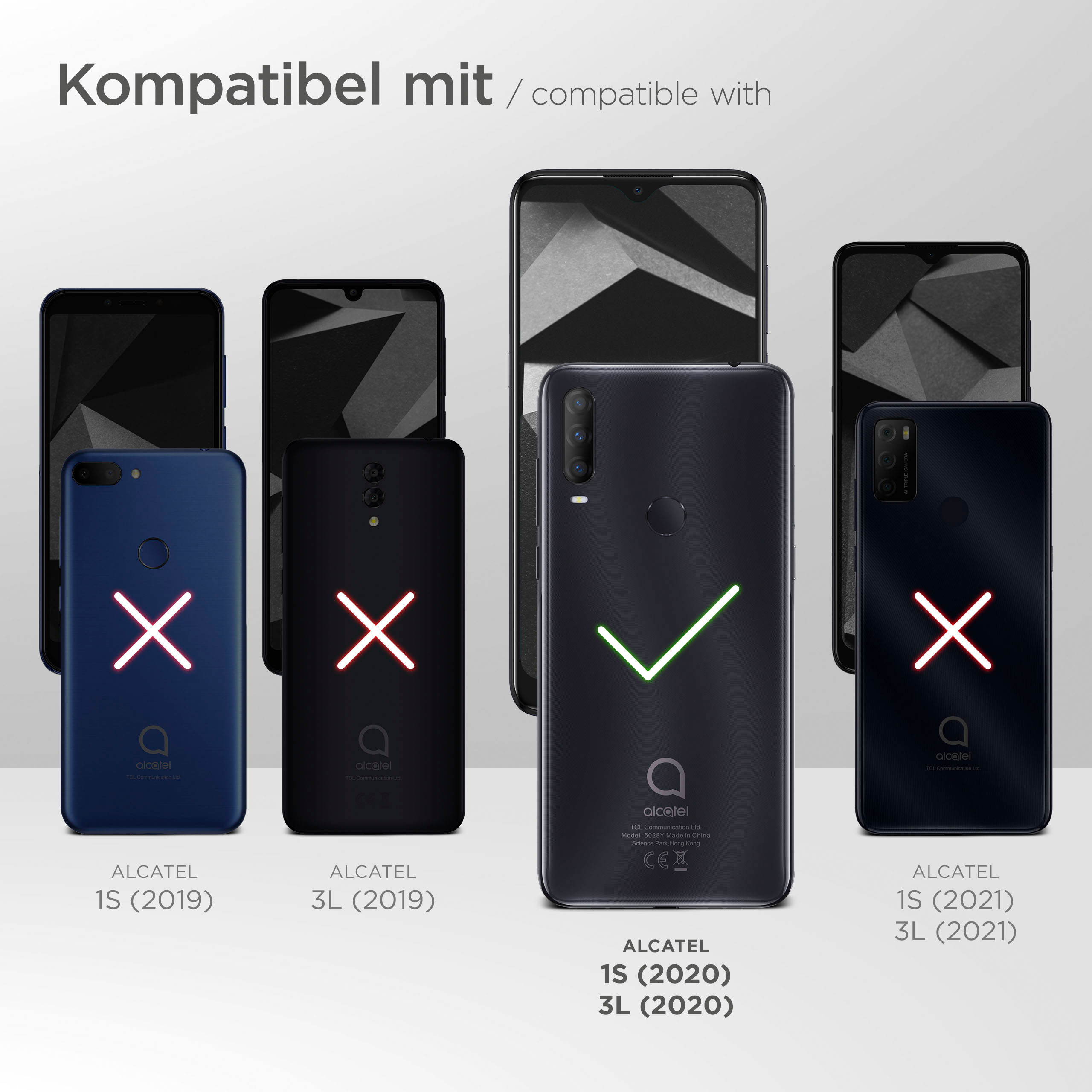 Schwarze Telefone mit roten X und einem grünen Häkchen. Text zeigt Kompatibilität.