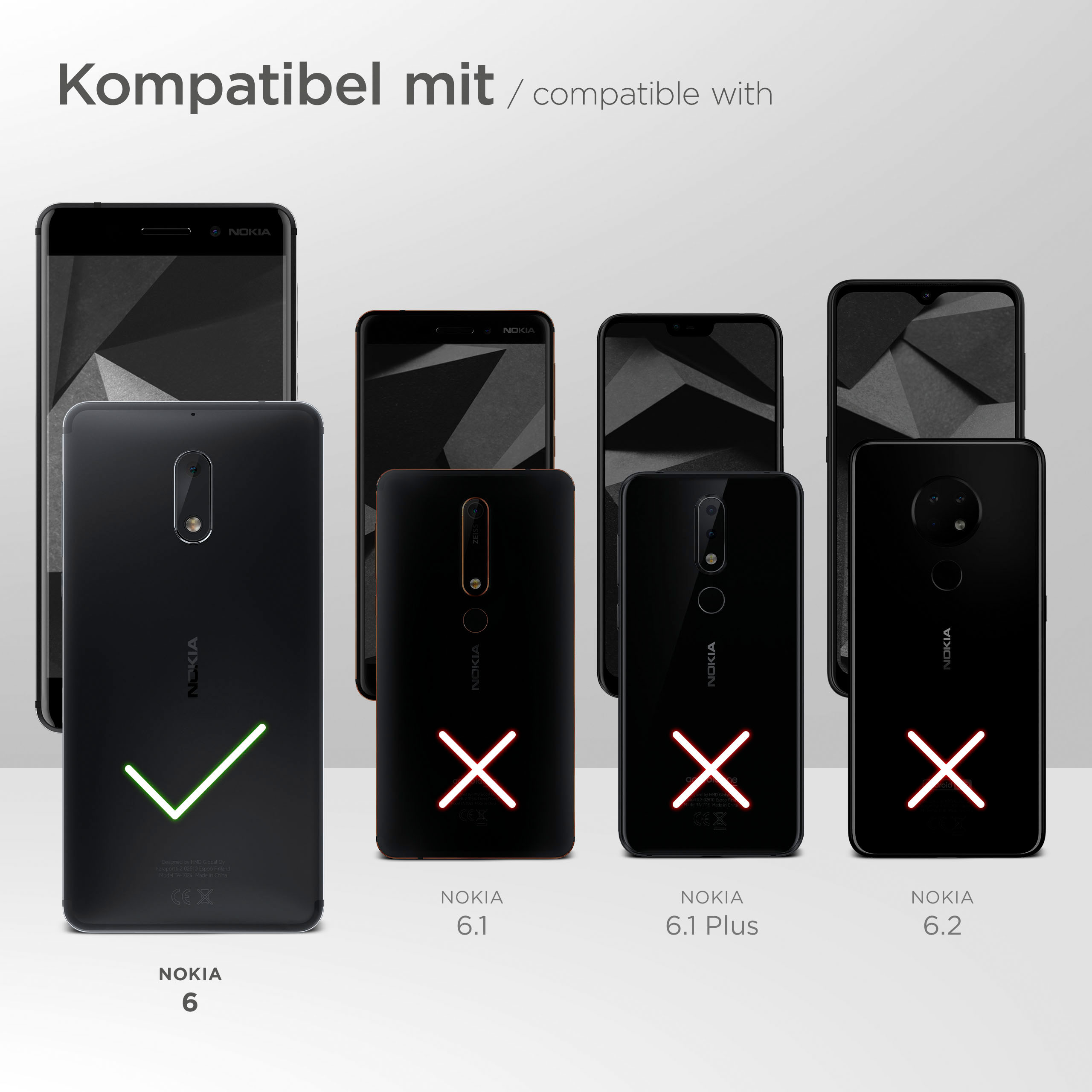 Bild von Nokia-Telefonen. Das Nokia 6-Modell ist mit einem grünen Häkchen hervorgehoben.