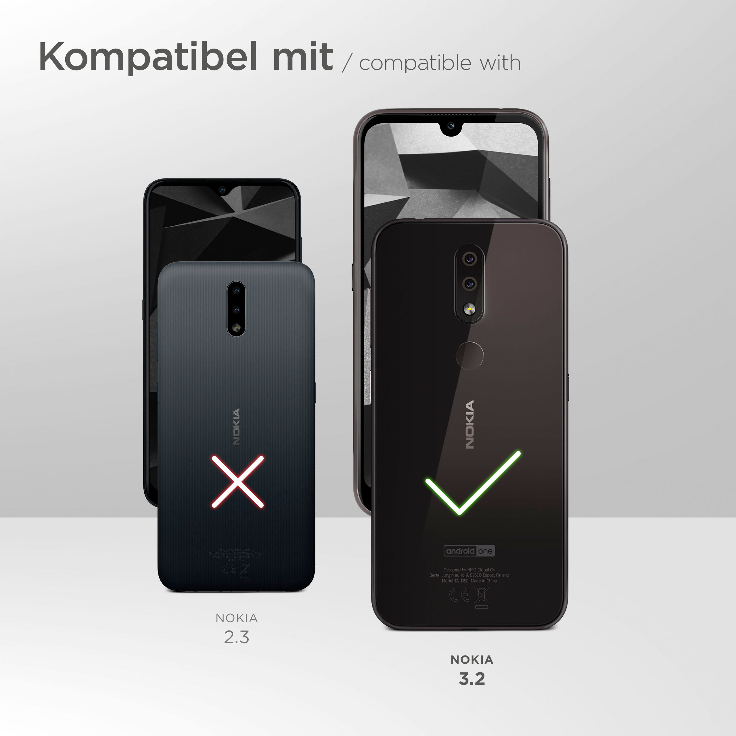 Drei Handys: eines dunkelgrau mit X, zwei schwarze mit Haken und Logo.