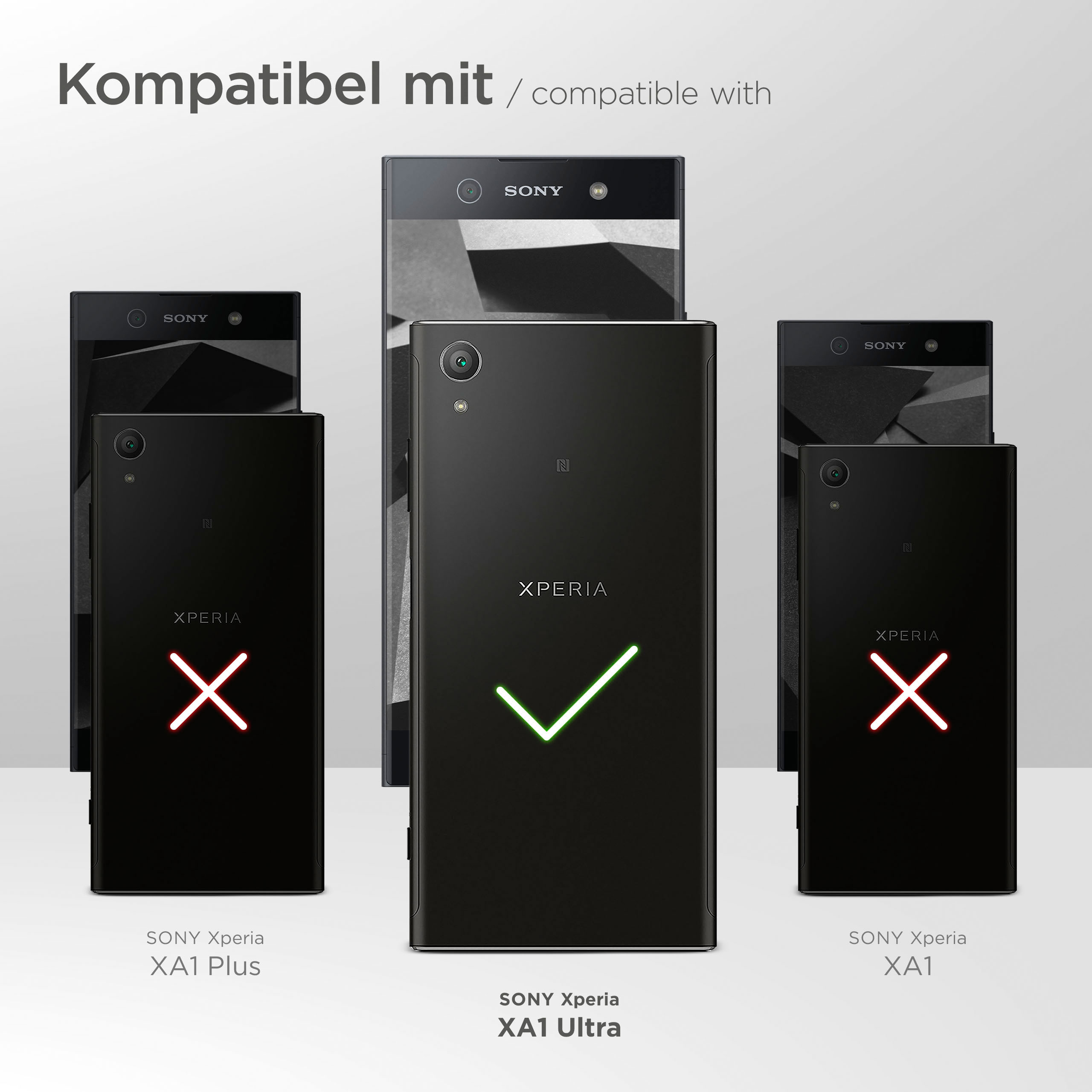 Mehrere Telefone mit Häkchen und X. Text sagt 'kompatibel mit' und listet Telefonmodelle auf.