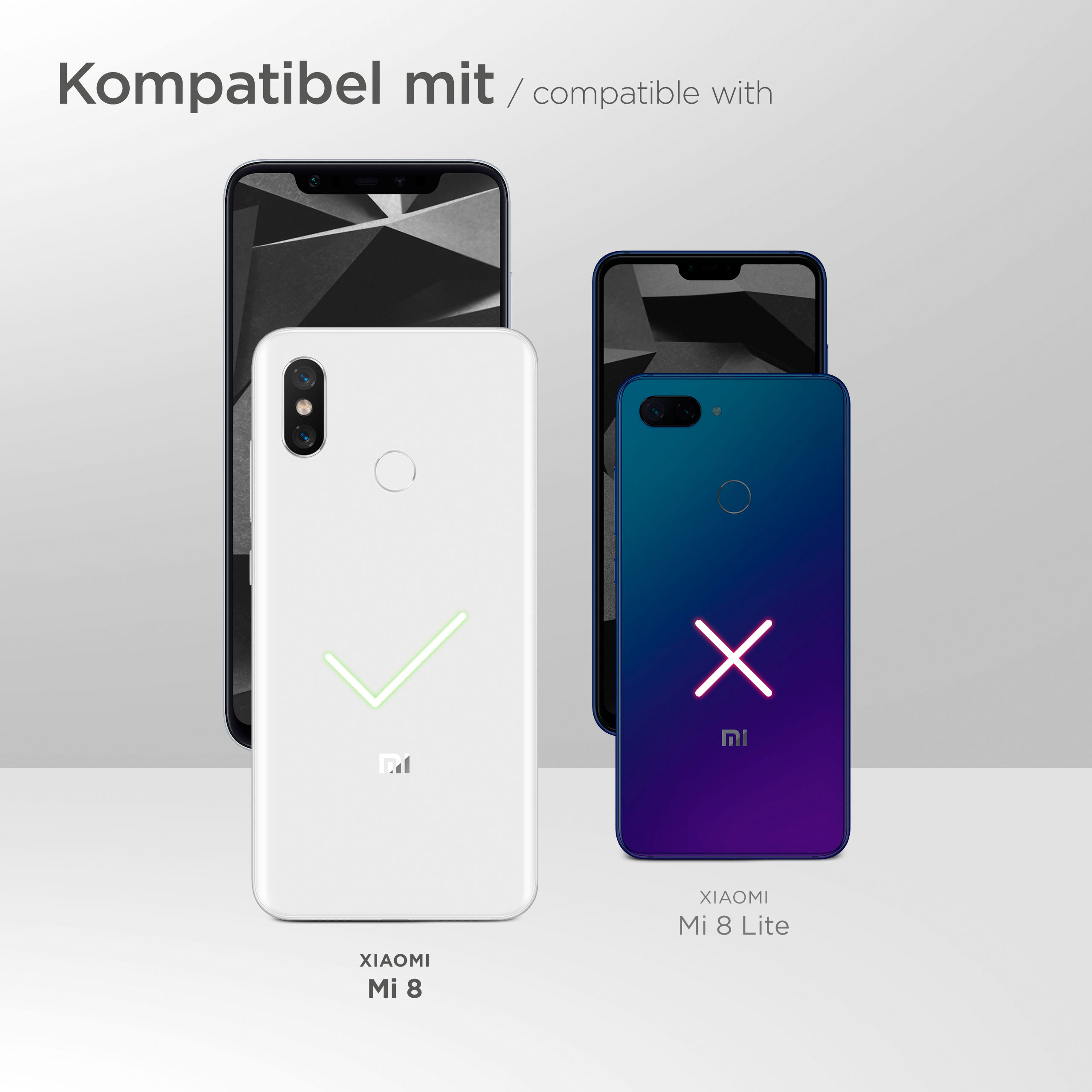 Weiße und blaue Telefone, gr ünes Häkchen und rotes X. Text zeigt Kompatibilität.